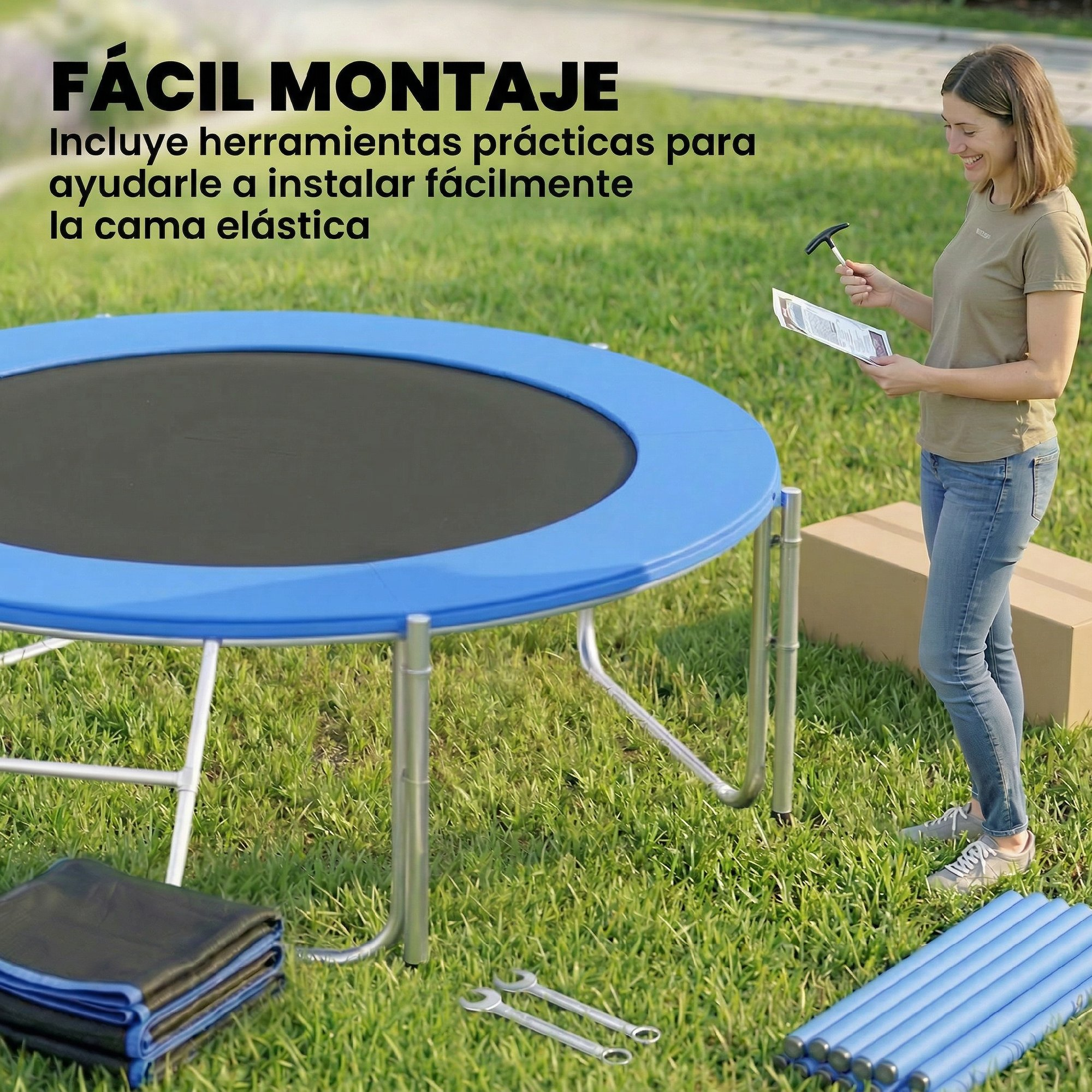 Mujer lee instrucciones para montaje de trampolín cerca de herramientas y piezas.