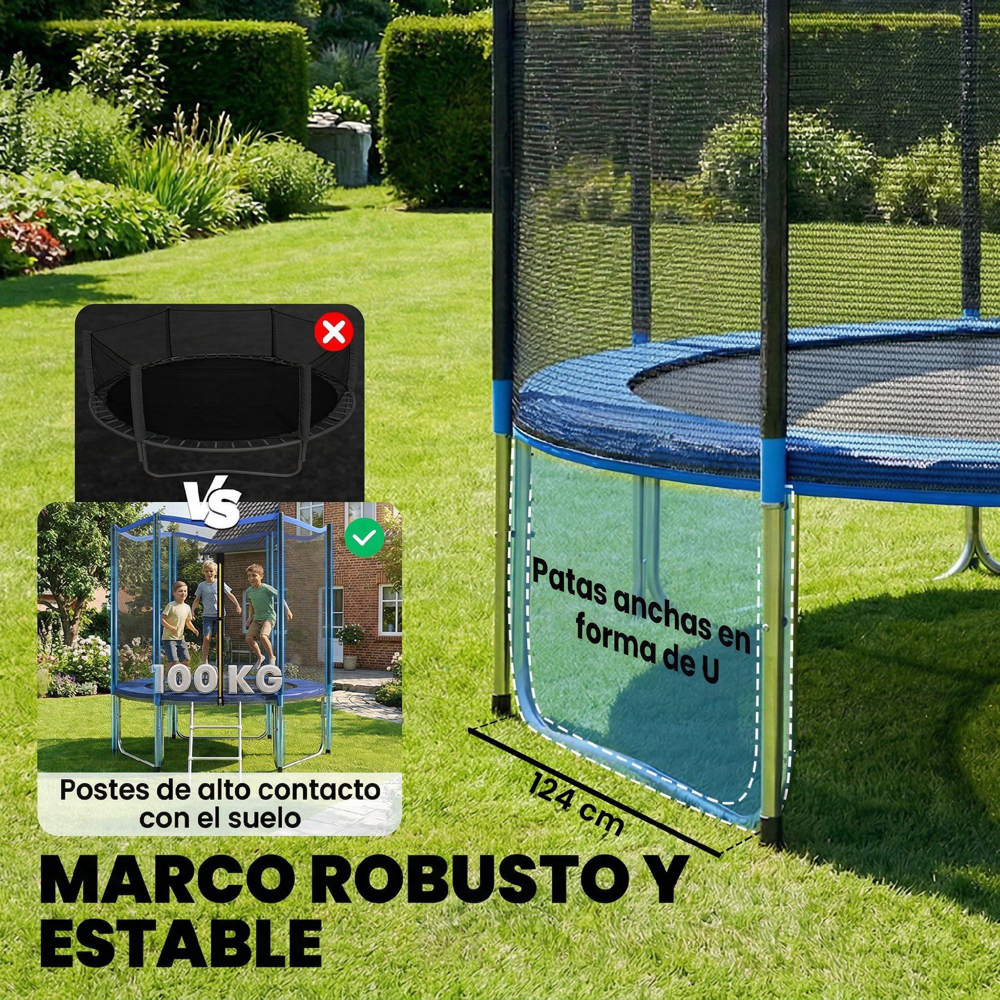 Trampolín con patas anchas en U, 124 cm, capacidad 100 kg.