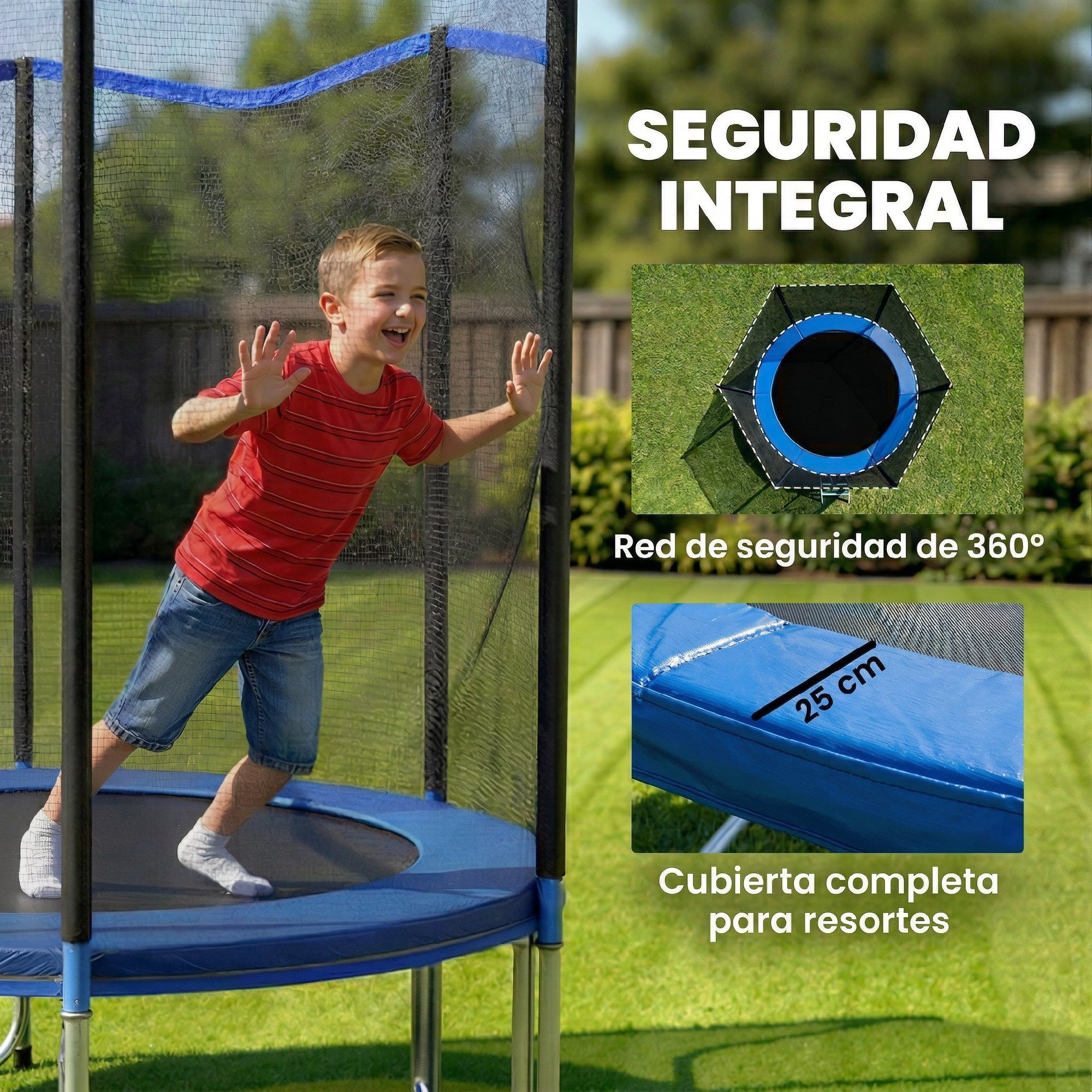 Un niño salta en un trampolín con red de seguridad y acolchado azul.