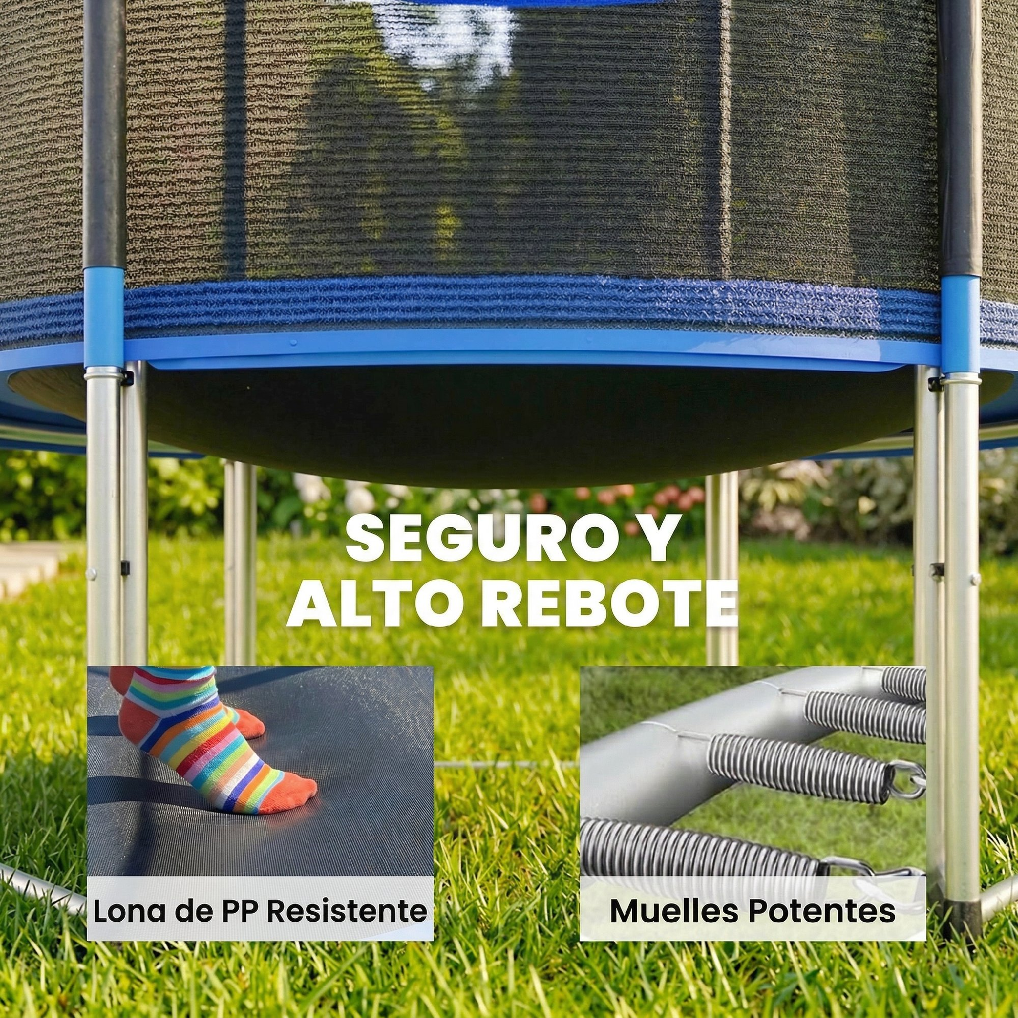 Trampolín con red de seguridad sobre césped. Primeros planos de la lona y resortes.