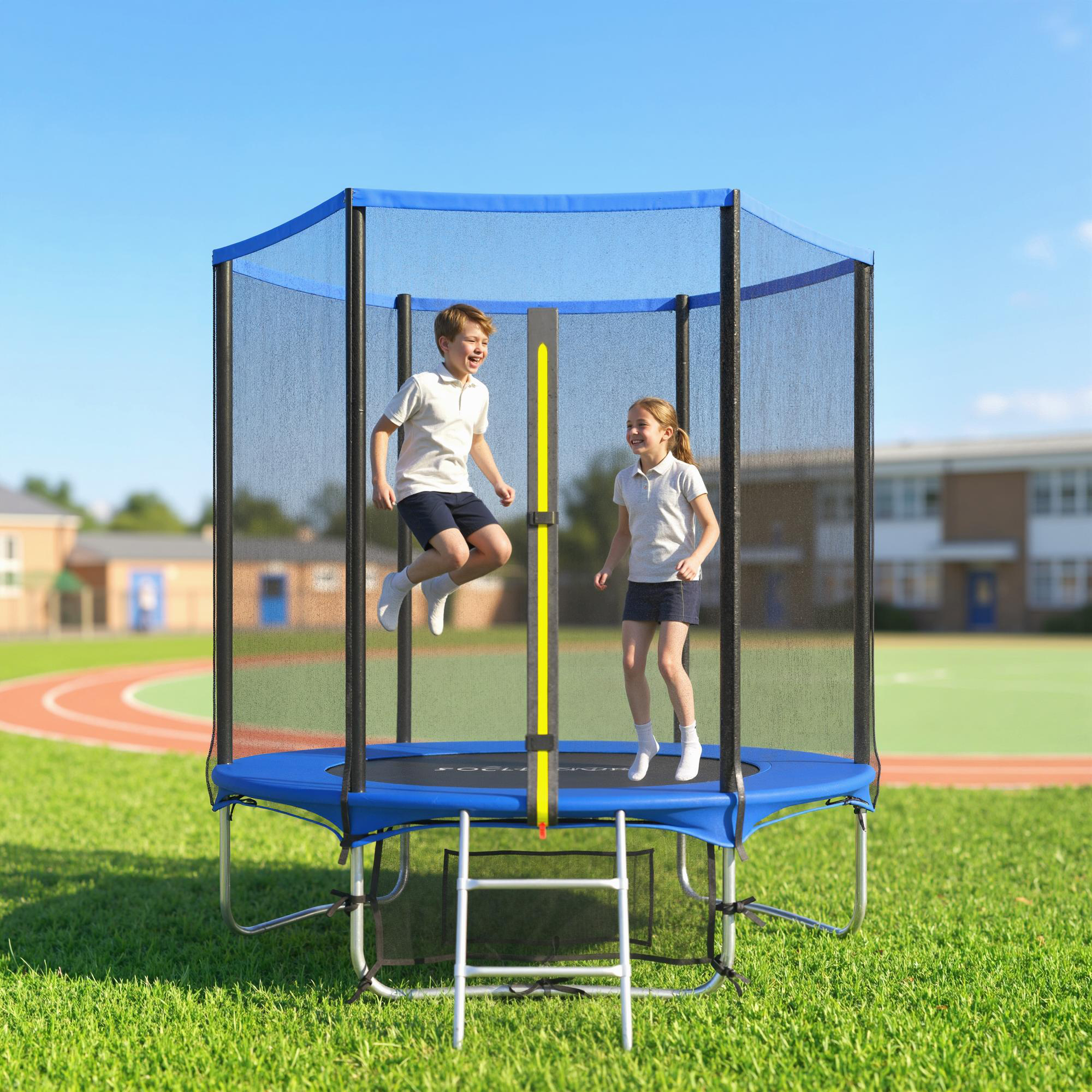 Dos niños, un niño y una niña, saltan alegremente en un trampolín azul con red de seguridad al aire libre.