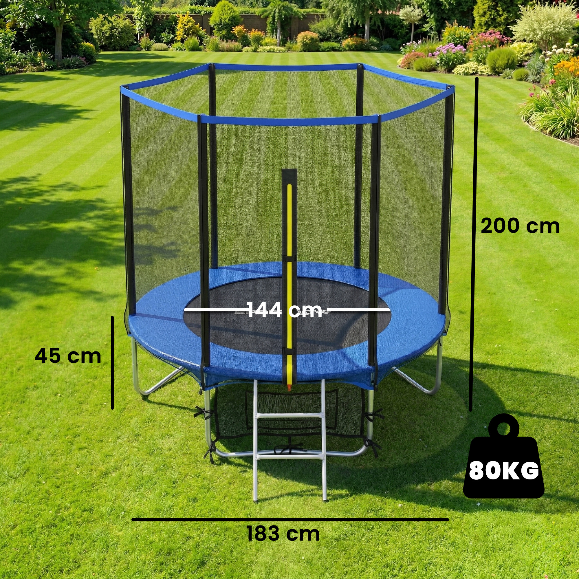 Un trampolín redondo con borde azul y red de seguridad en un jardín.