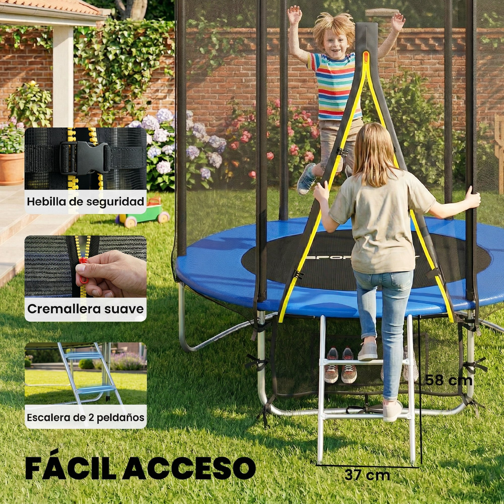 Dos niños en un trampolín con escalera y características de seguridad. Fácil acceso.
