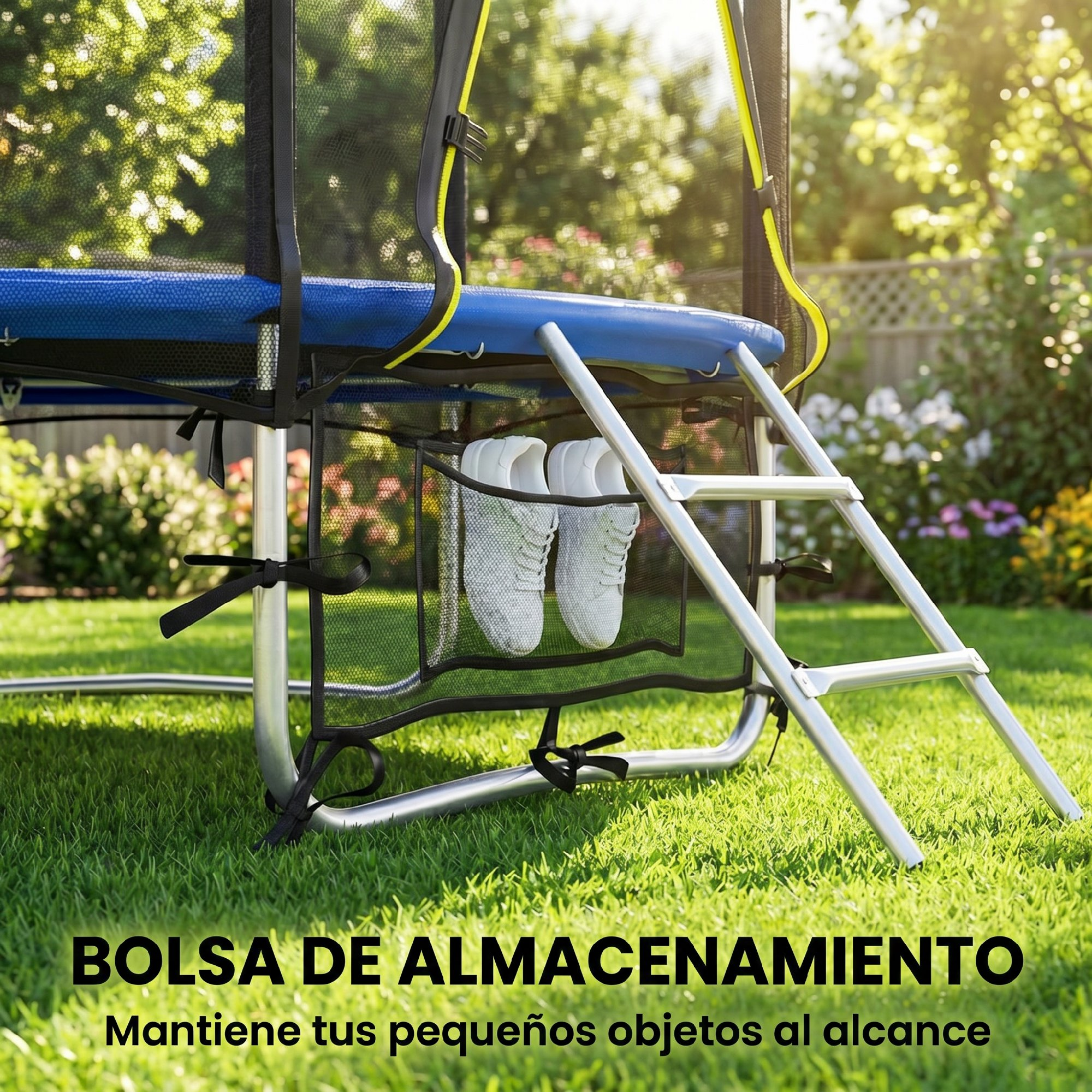 Trampolín con bolsa de almacenamiento para zapatos en césped.