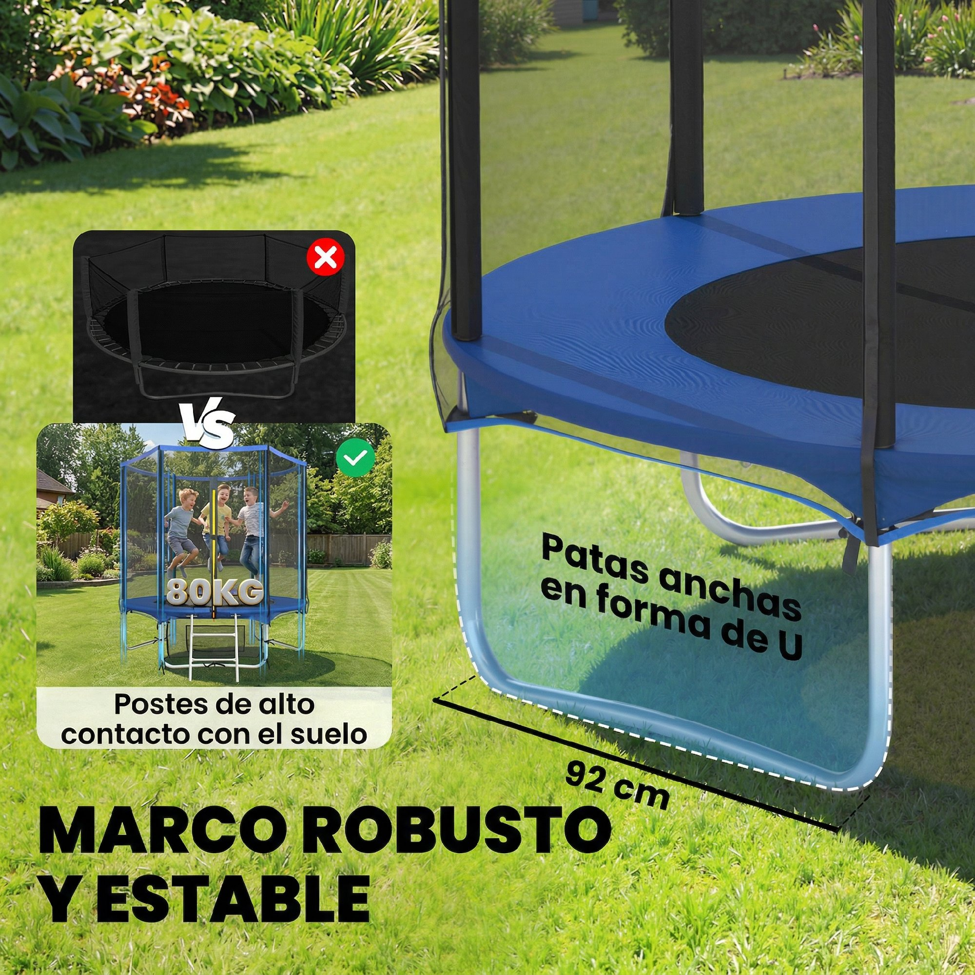 Cama elástica azul con patas anchas en U, capacidad 80 kg, y niños saltando.