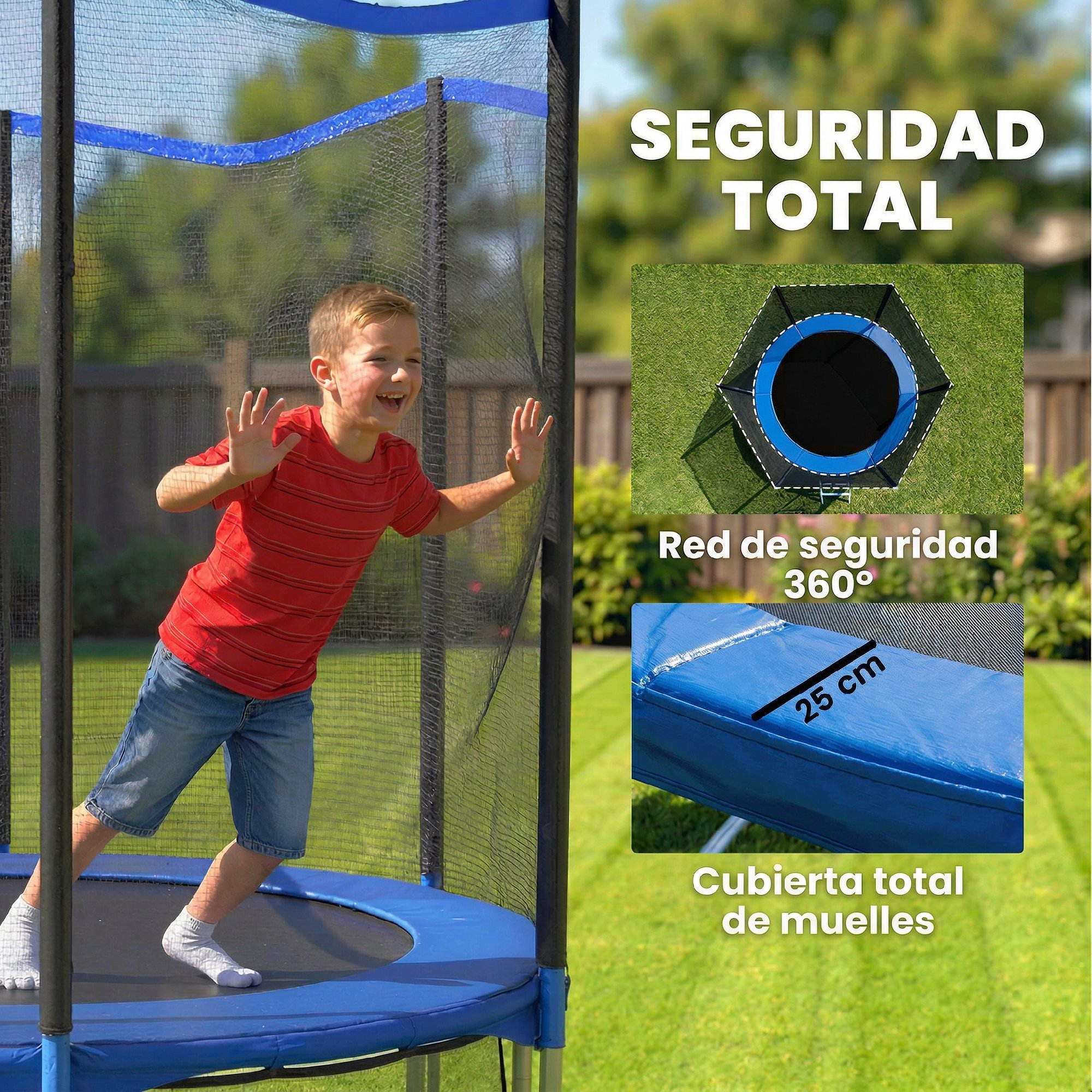 Un niño en un trampolín con red de seguridad. Se muestran primeros planos de la red y el acolchado.