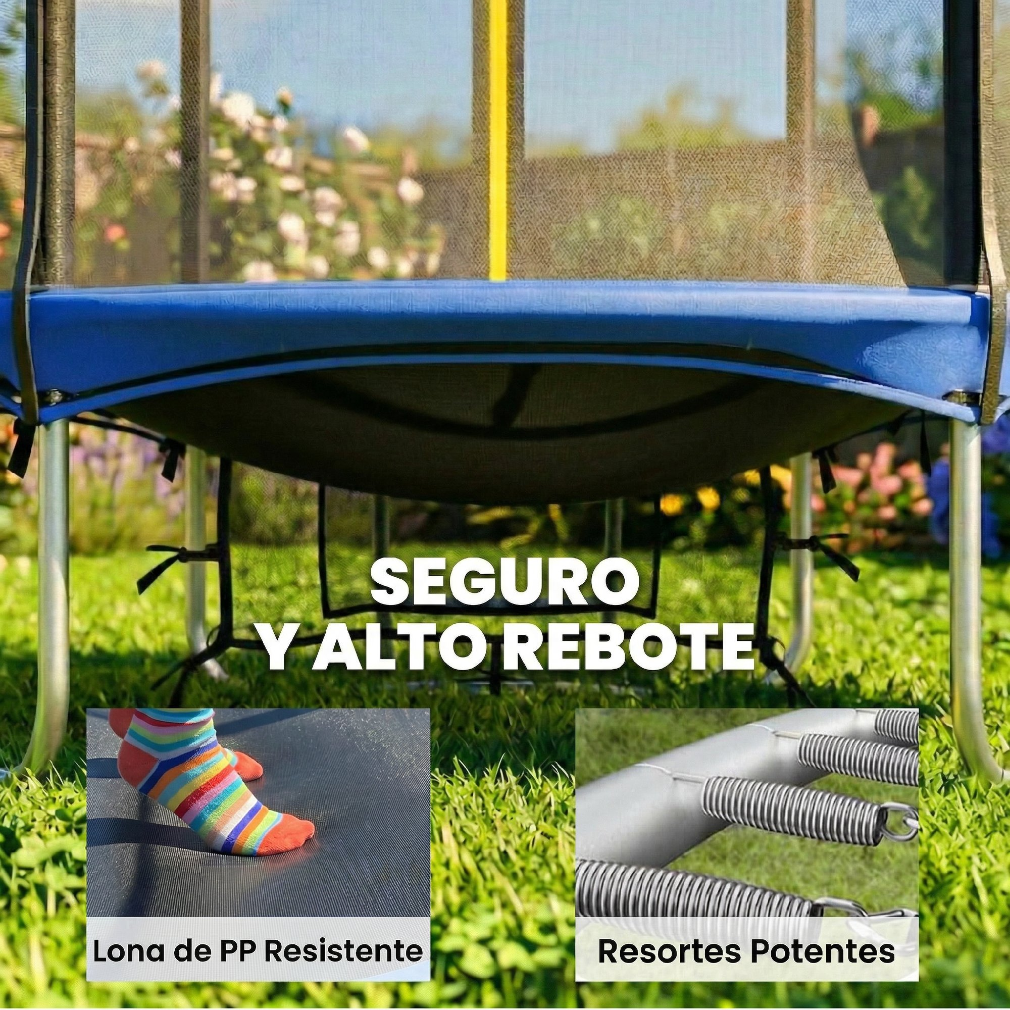 Trampolín con borde azul, red y resortes al aire libre sobre césped.