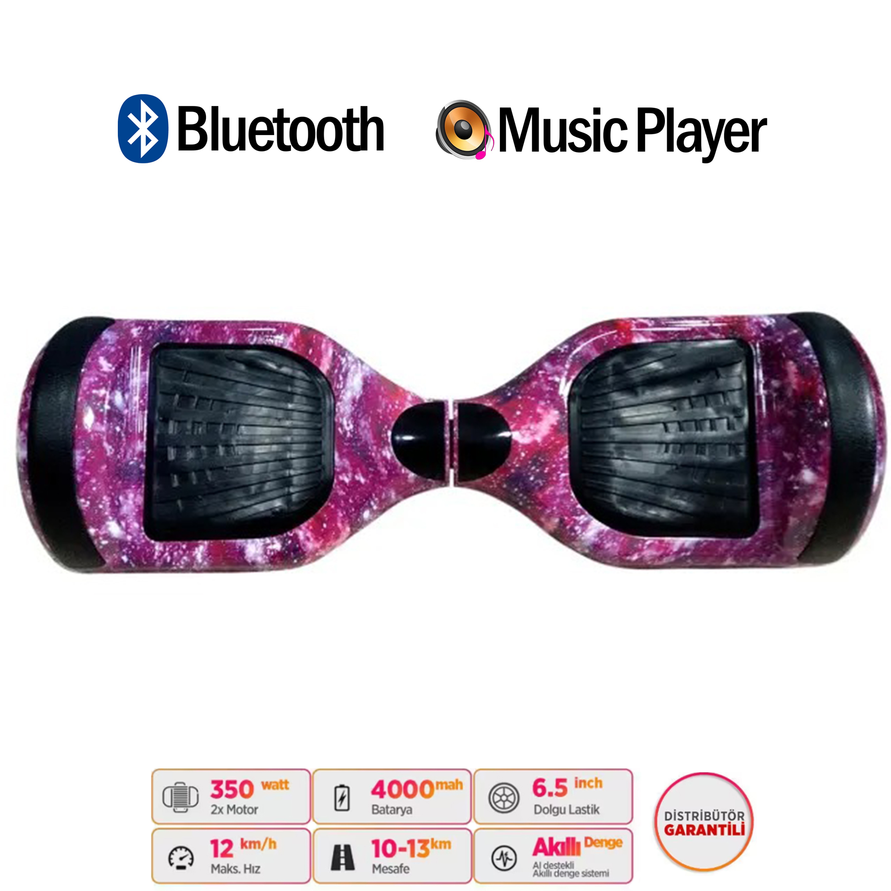 Pembe galaksi desenli hoverboard, Bluetooth ve müzik çalar simgeleriyle.