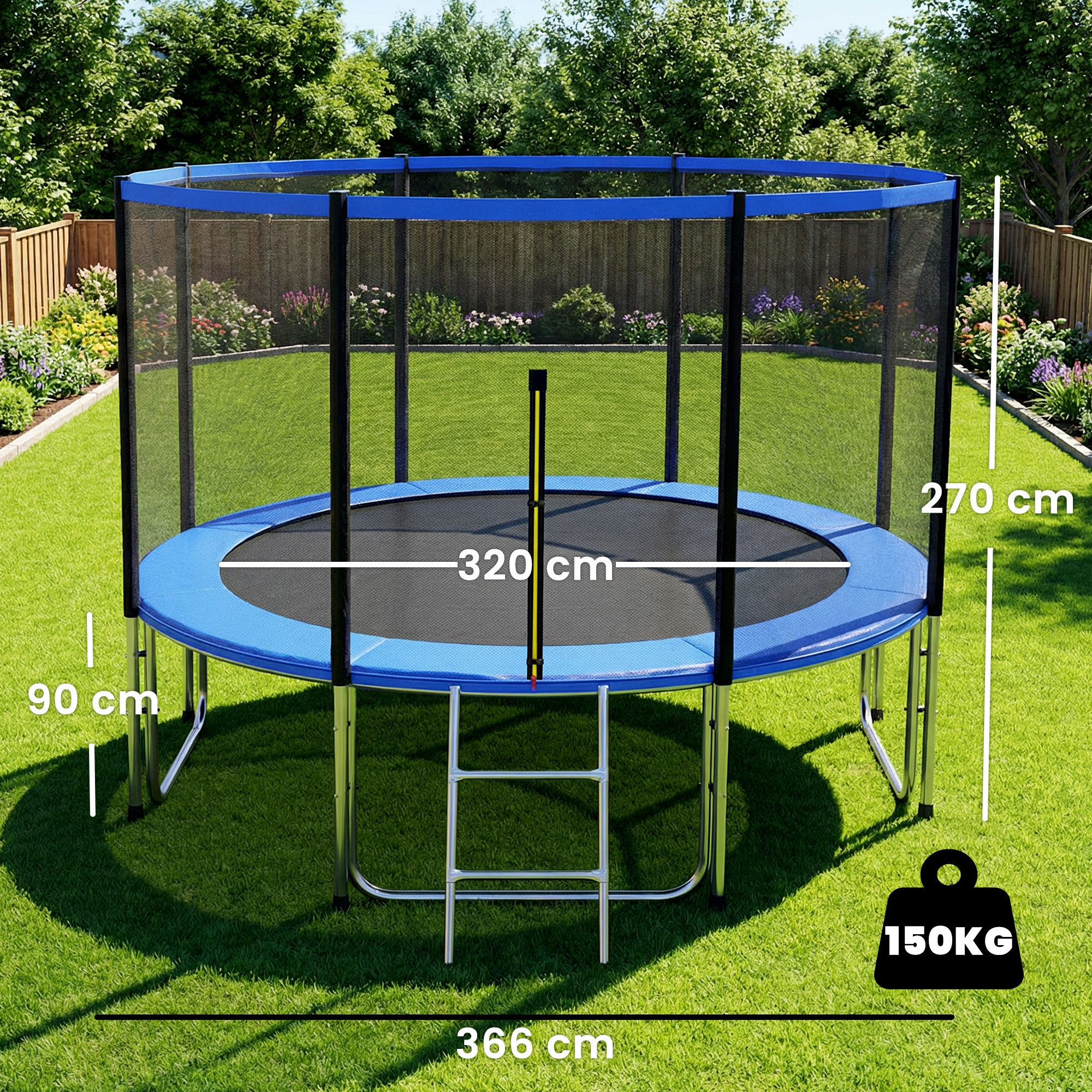 Cama elástica en jardín con red de seguridad, escalera y dimensiones