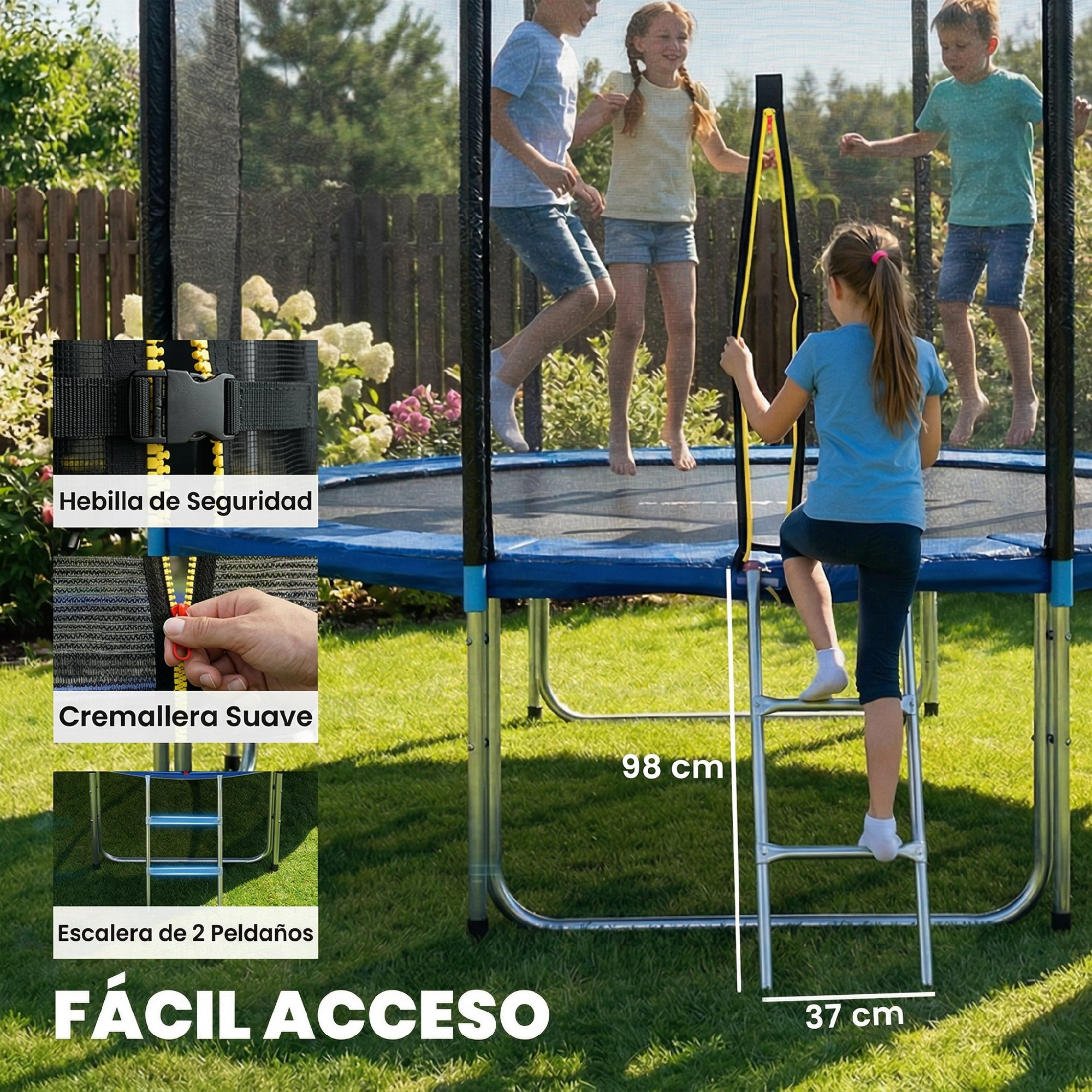 Niños saltan en un trampolín; escalera de medidas 98x37cm.