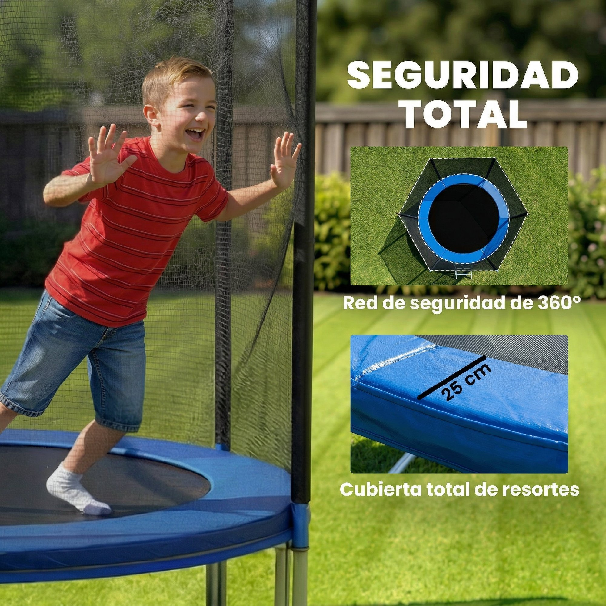 Un niño con camiseta roja a rayas salta en un trampolín exterior.