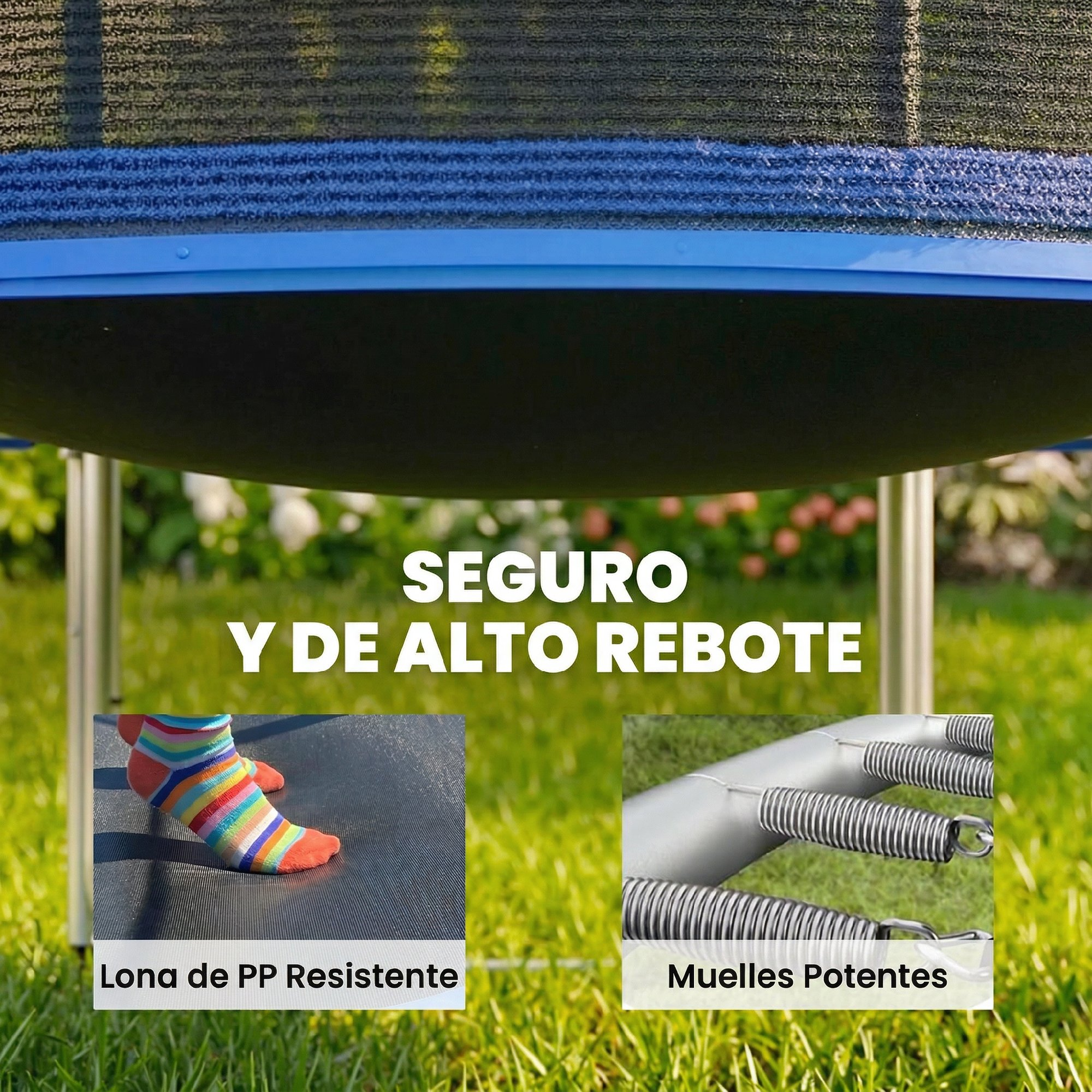Trampón con red de seguridad, muestra un pie con calcetines a rayas en la alfombra y resortes.