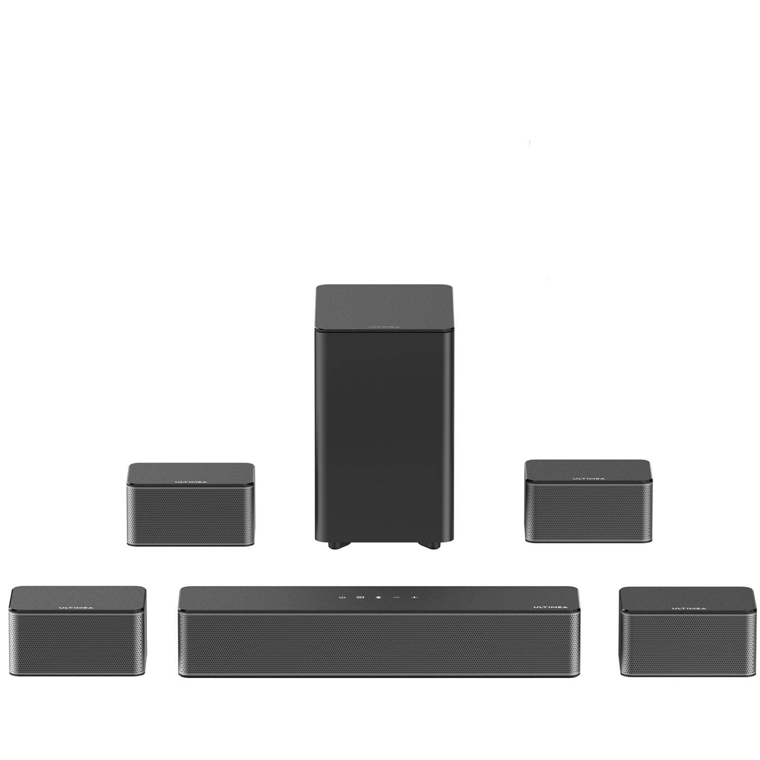 Sistema audio nero con soundbar, subwoofer e quattro altoparlanti satelliti.