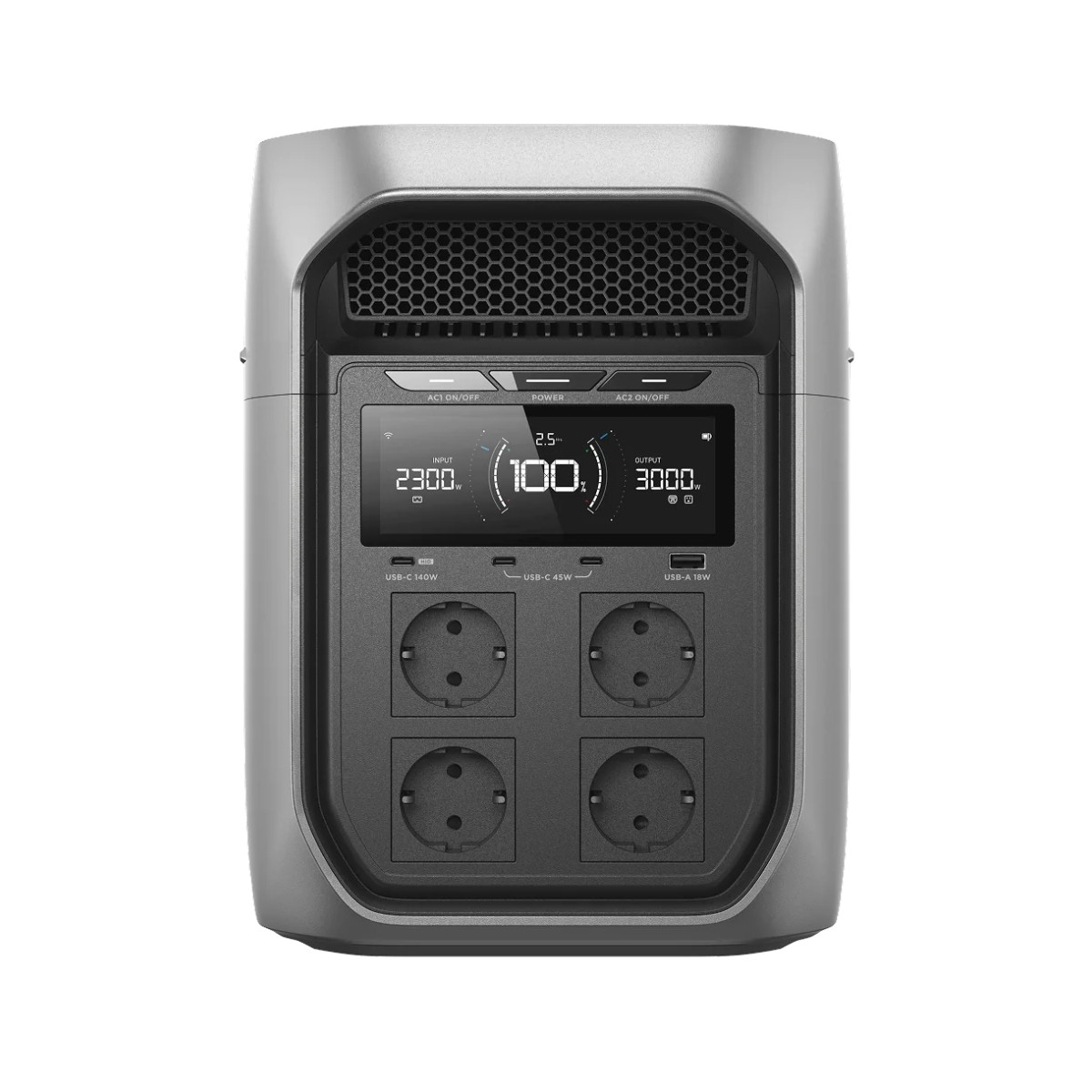 Estación de energía portátil gris con pantalla digital, tomas de CA y puertos USB.