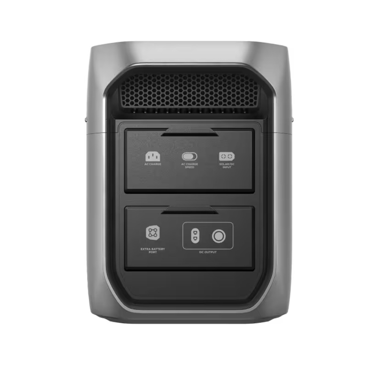 Estación de energía gris con puertos: Carga AC, Velocidad de carga AC, Entrada Solar/DC, Batería extra, Salida DC.