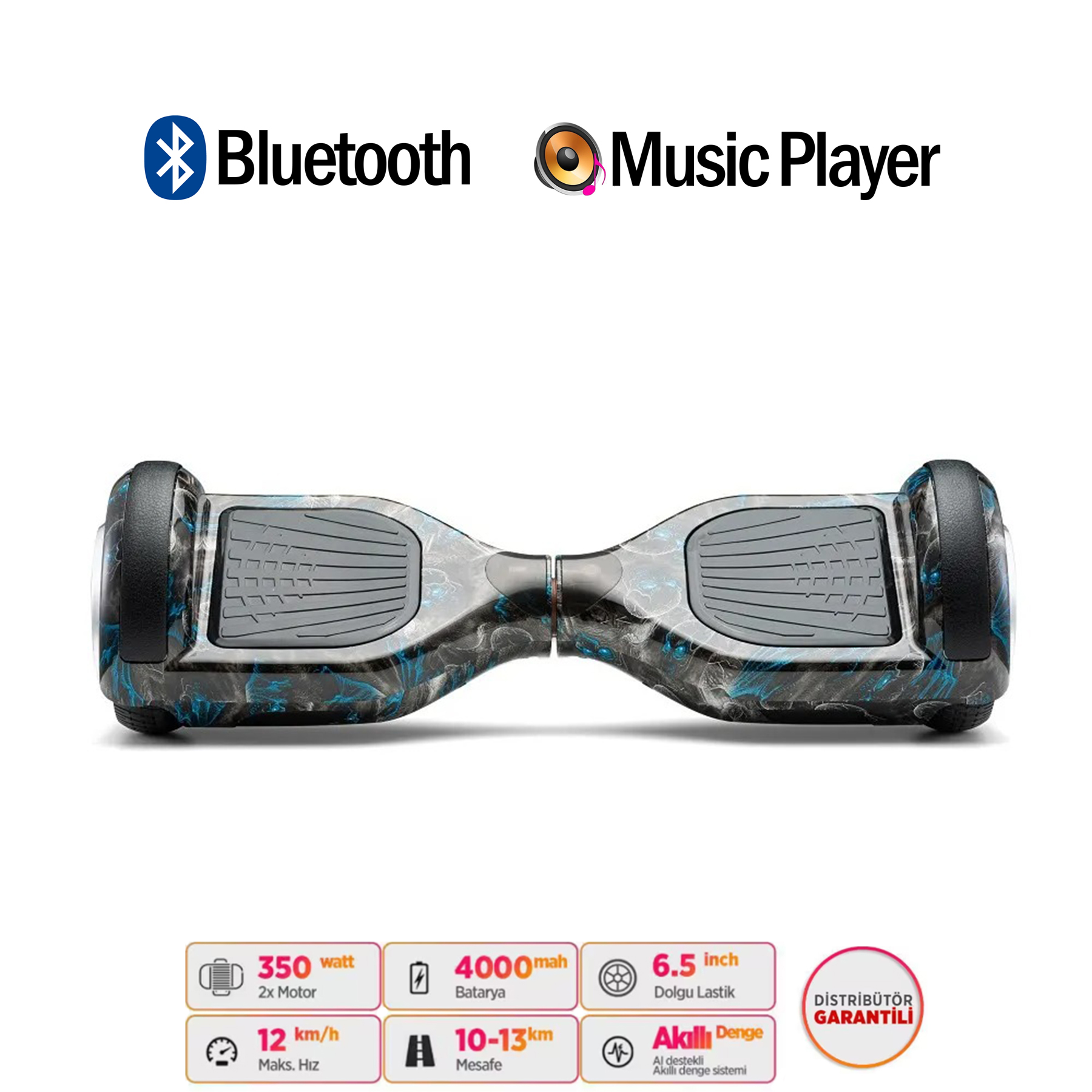 Mavi mermer desenli hoverboard, Bluetooth ve müzik çalar simgeleri.