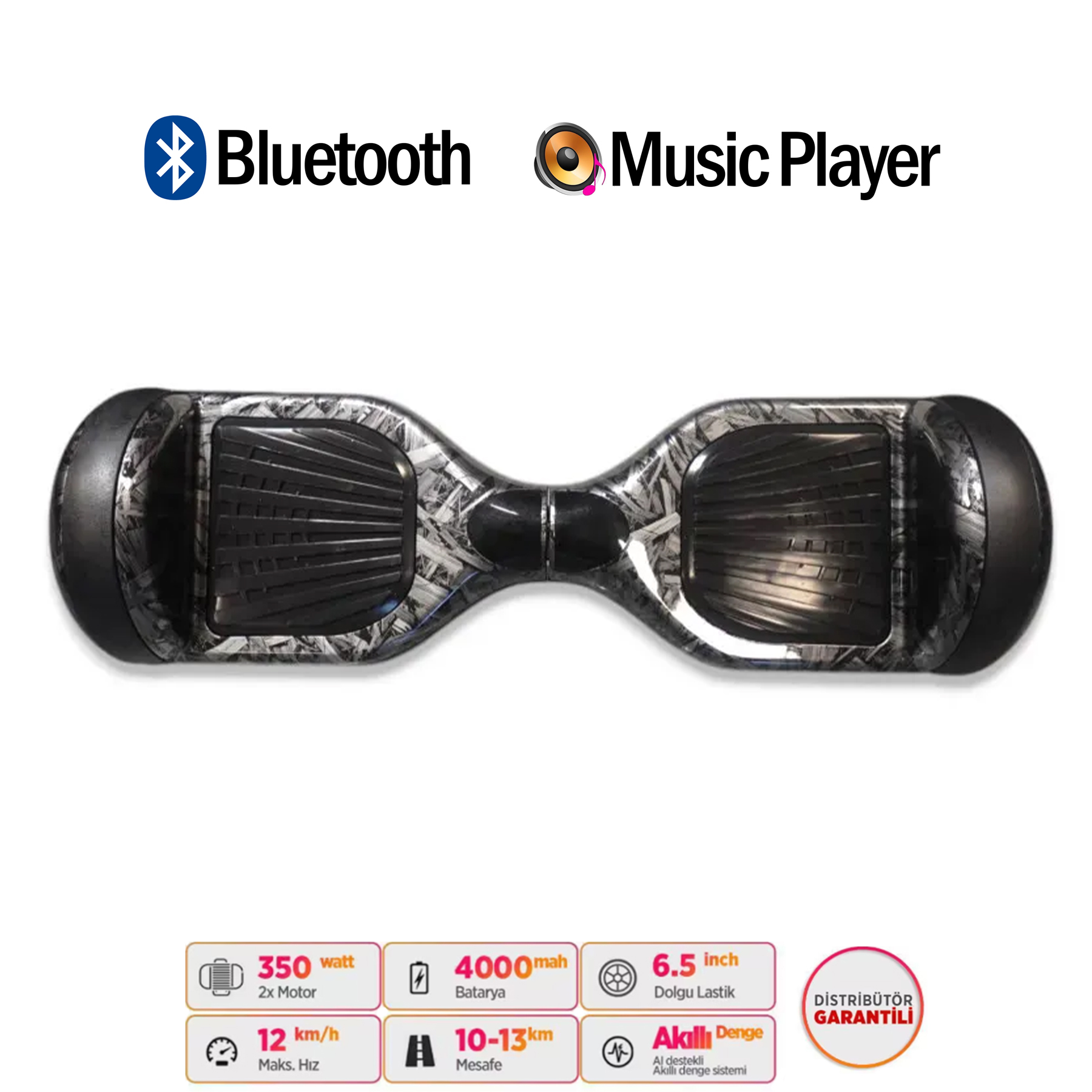 Siyah desenli, Bluetooth ve müzik çalar simgeli iki tekerlekli hoverboard.