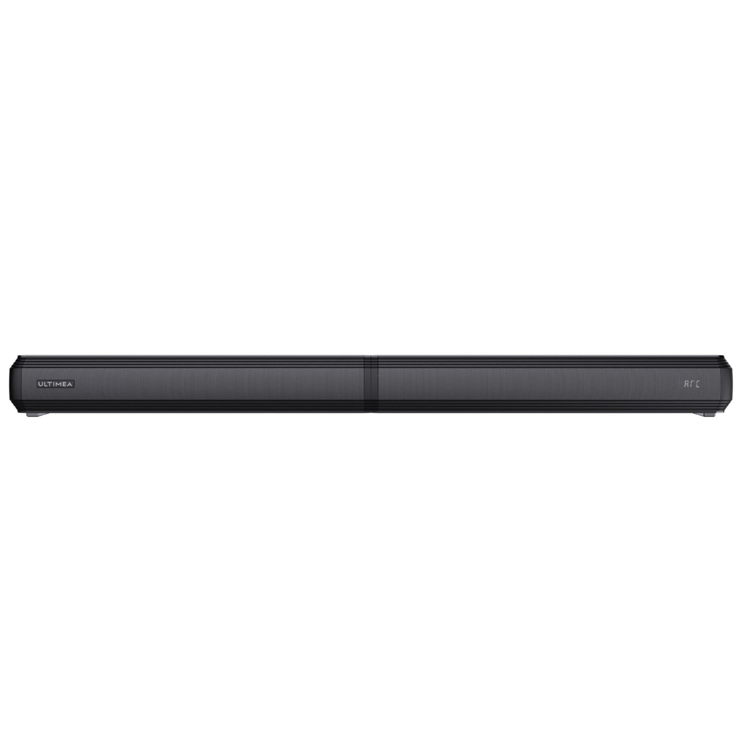 Czarny soundbar z prążkowaną powierzchnią i logo marki.