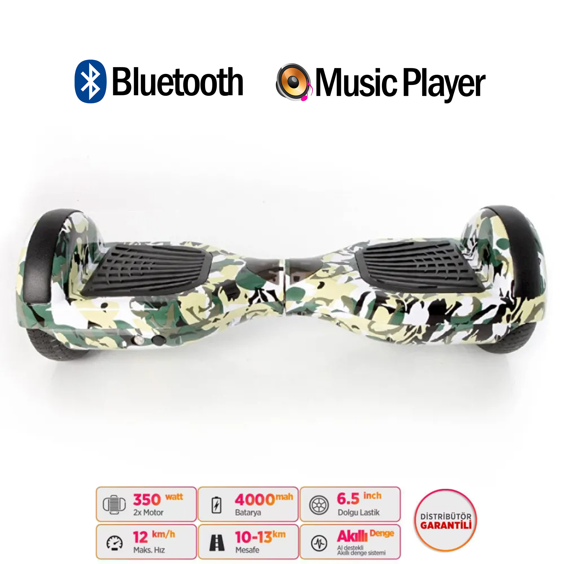 Bluetooth ve müzik çalarlı kamuflaj desenli hoverboard.
