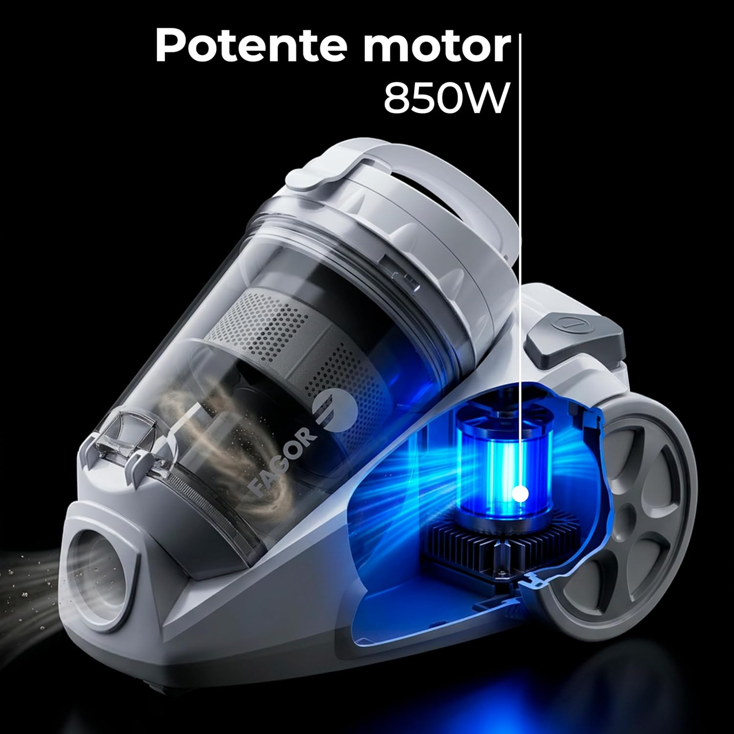 Una aspiradora transparente con potente motor de 850W y luz azul.