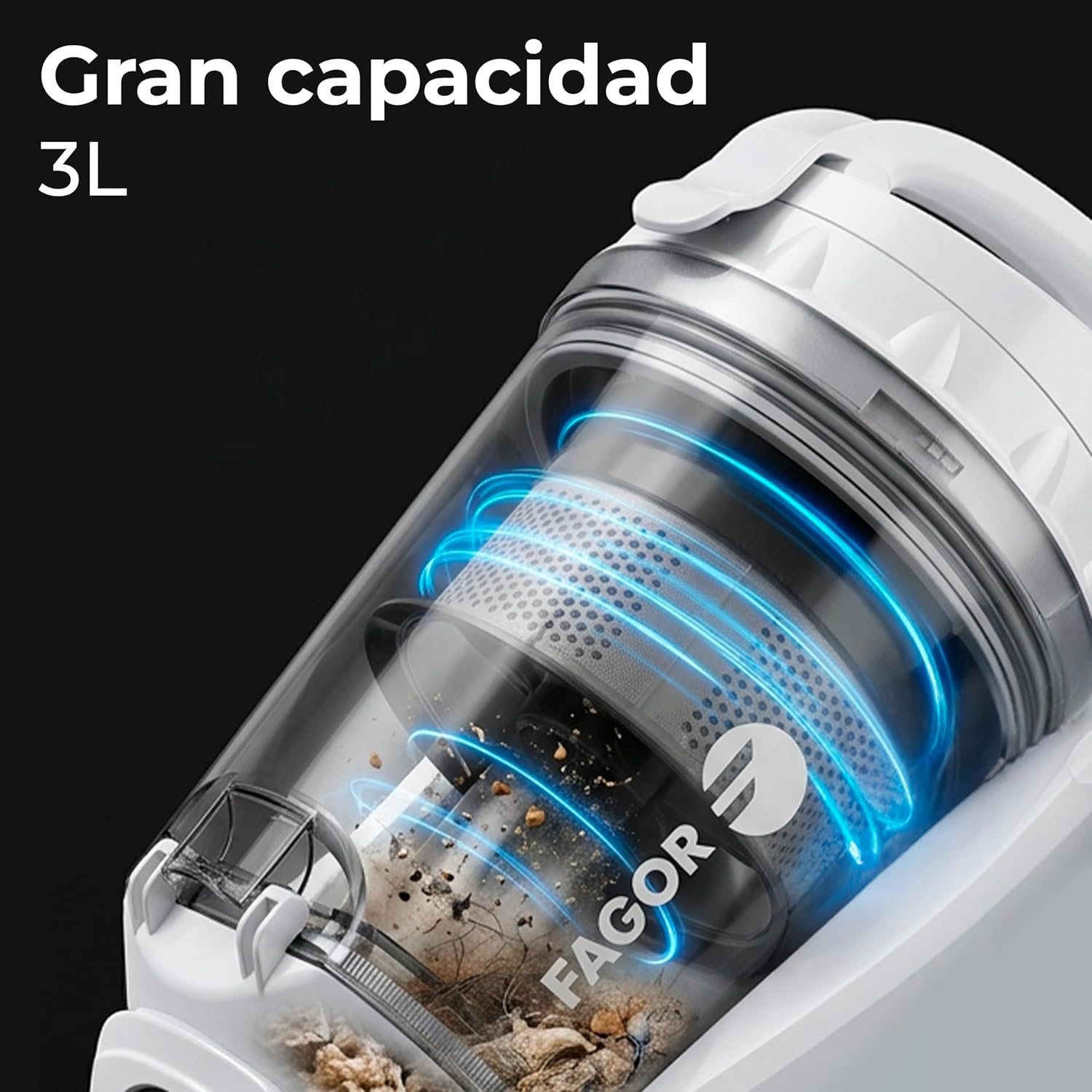 El depósito transparente de una aspiradora con suciedad y remolinos azules.