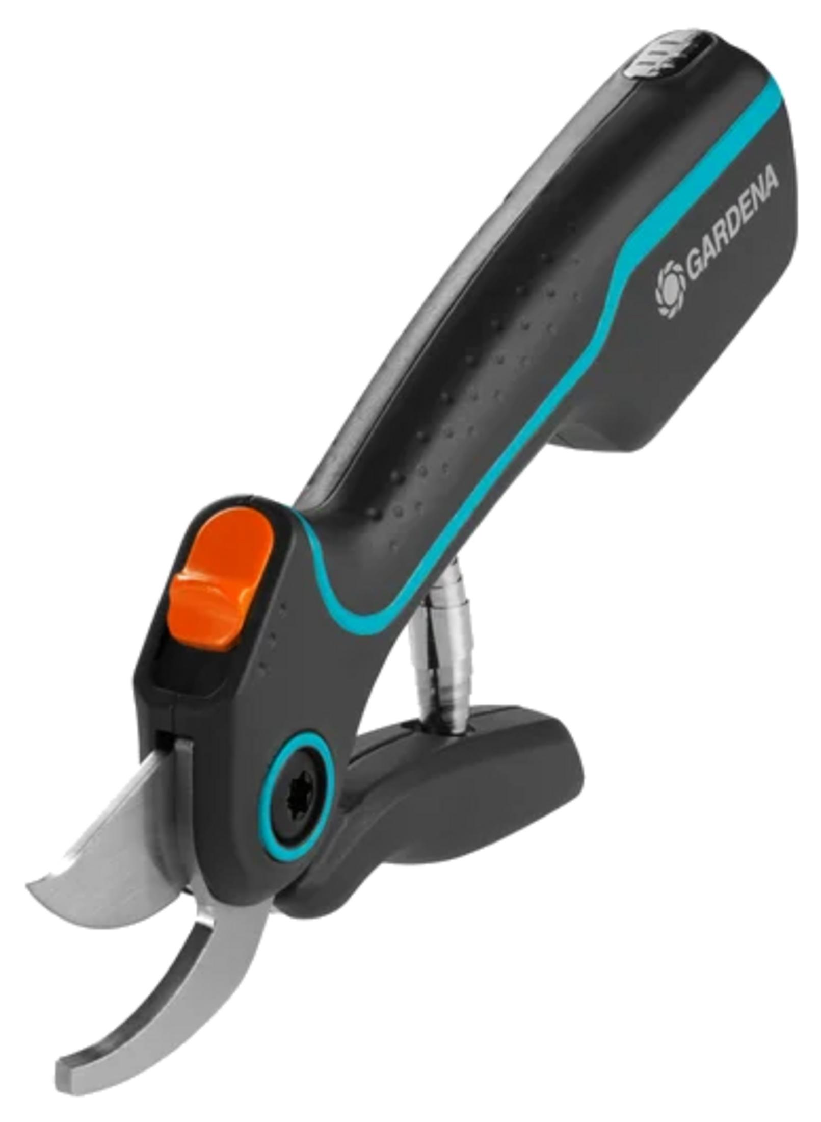 Forbici da potatura nere con accento blu e pulsante arancione.