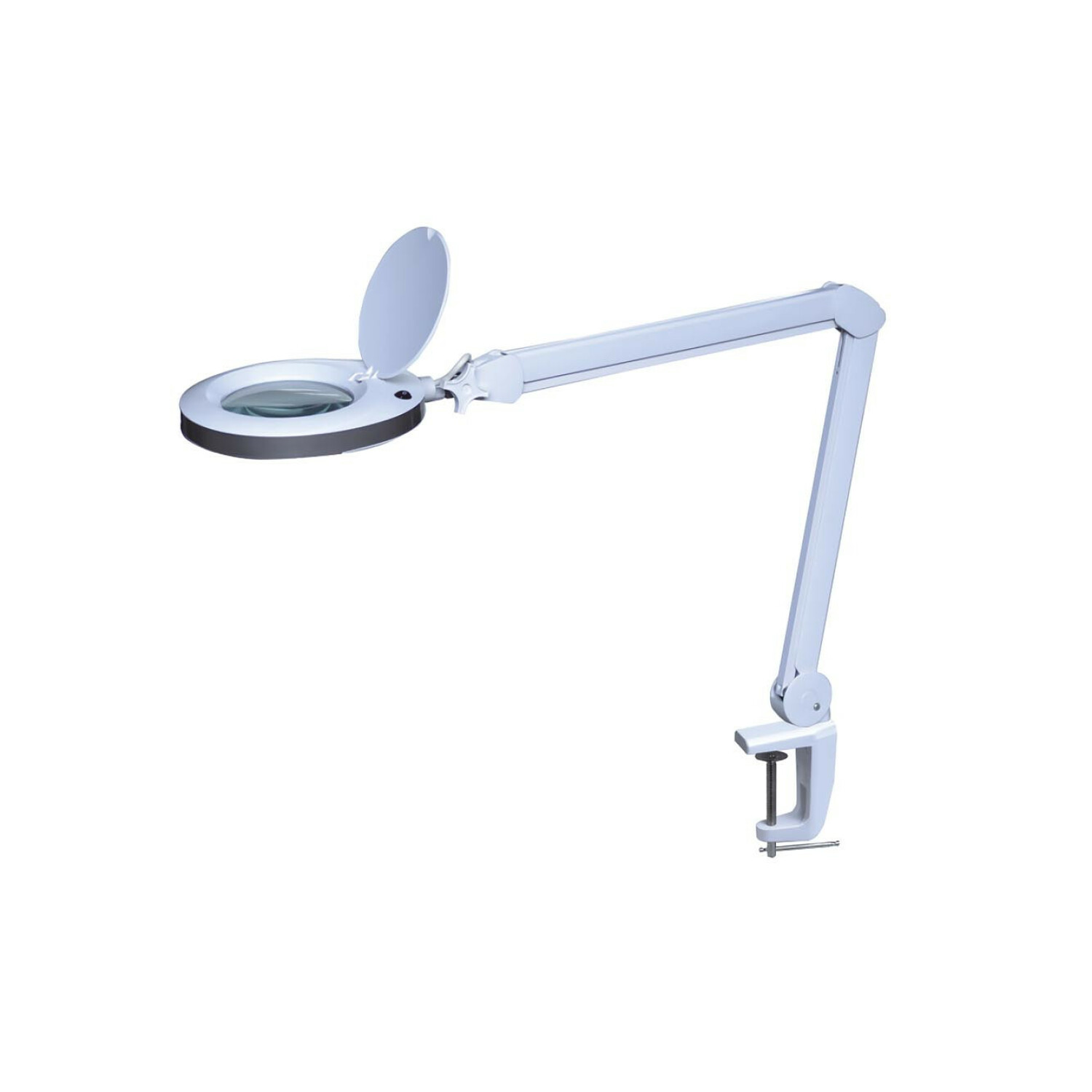 Una lampada da scrivania bianca con lente d'ingrandimento e base a morsetto.