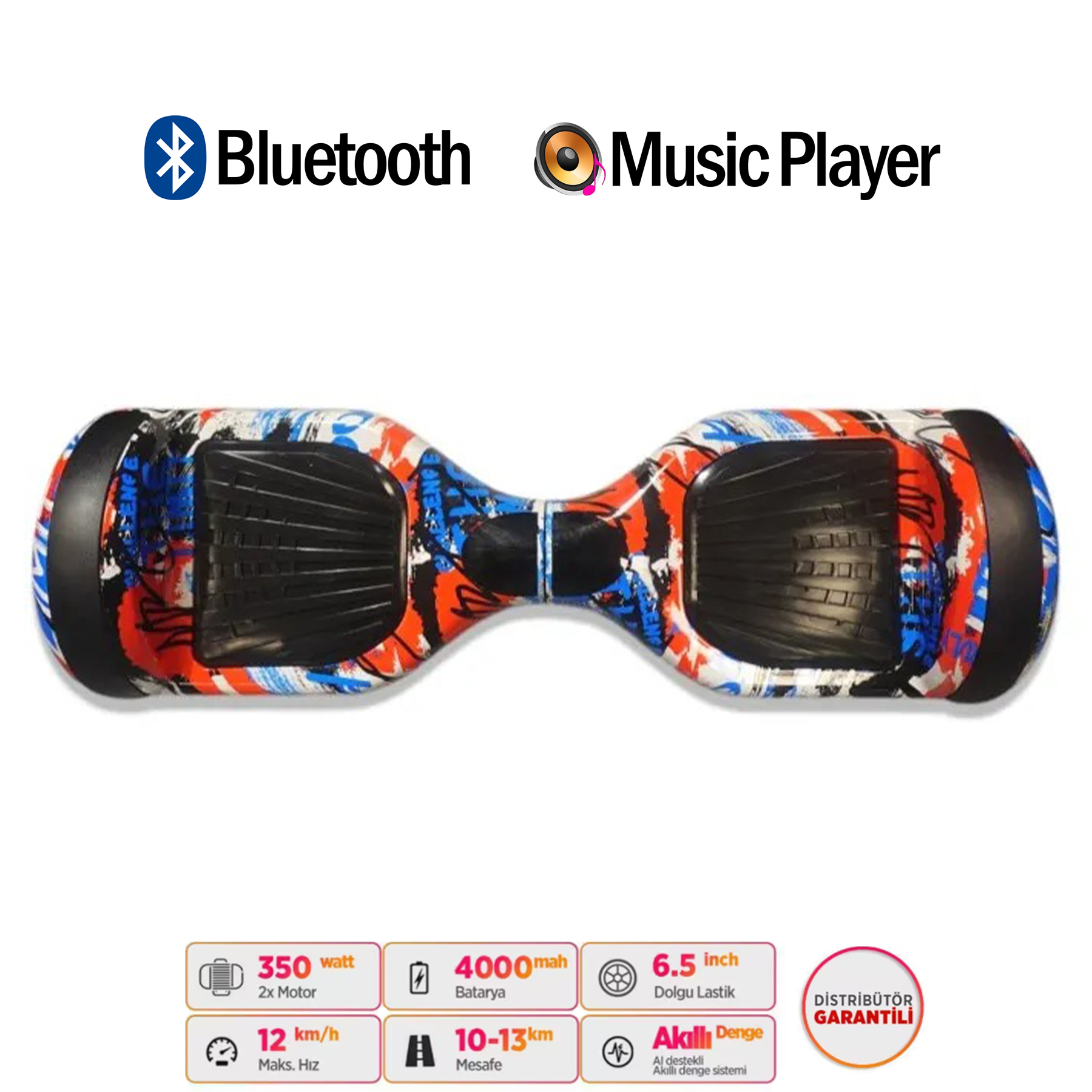 Renkli grafiti desenli, Bluetooth ve müzik çalar simgeli hoverboard.