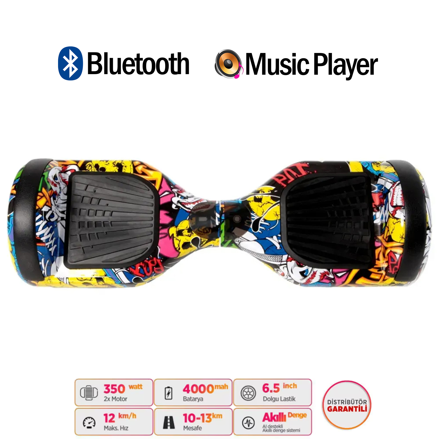 Bluetooth ve müzik çalar özellikli, renkli hoverboard, altındaki özellikler.