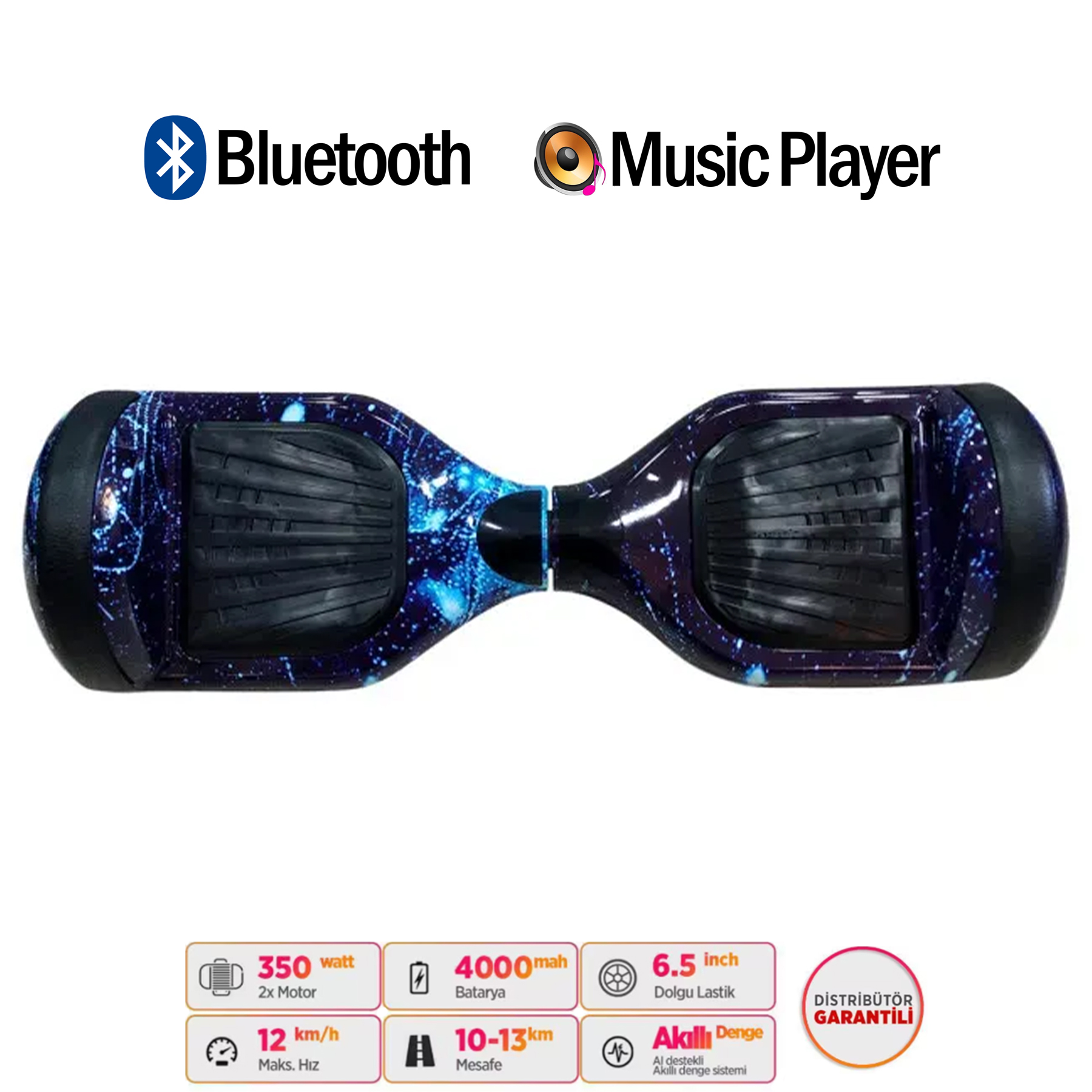 Mavi ve siyah yıldızlı desenli hoverboard, Bluetooth ve müzik çalar özellikli.