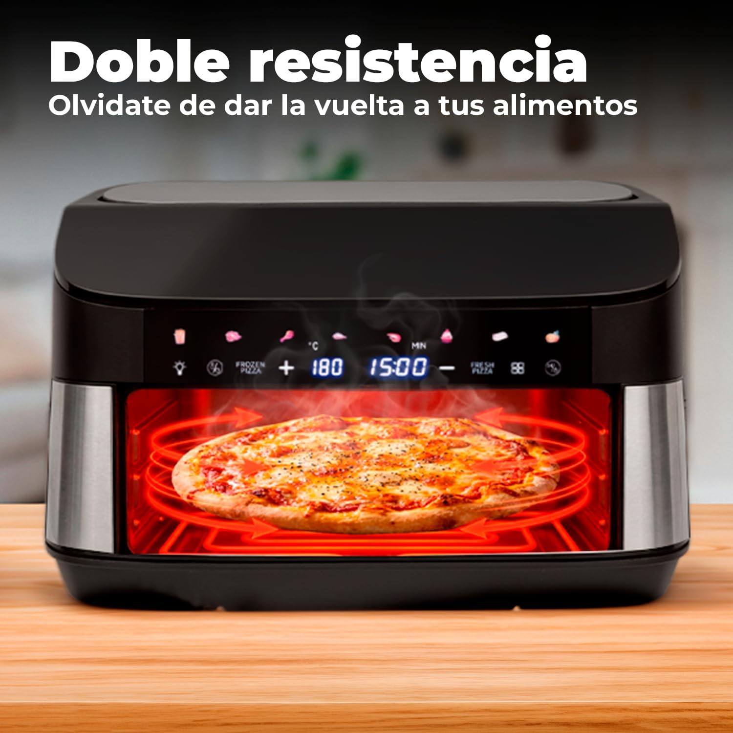 Una freidora negra cocina una pizza con elementos calefactores rojos brillantes y pantalla digital.