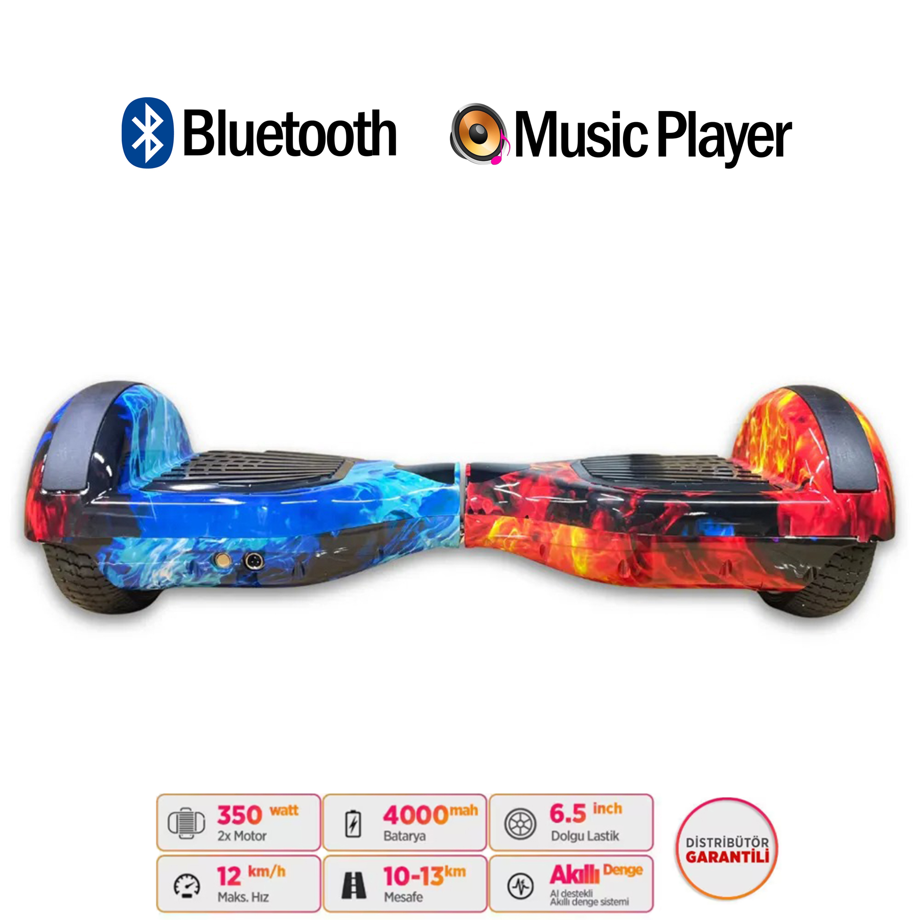 Mavi ve kırmızı alev desenli, Bluetooth ve müzik çalar simgeli hoverboard.