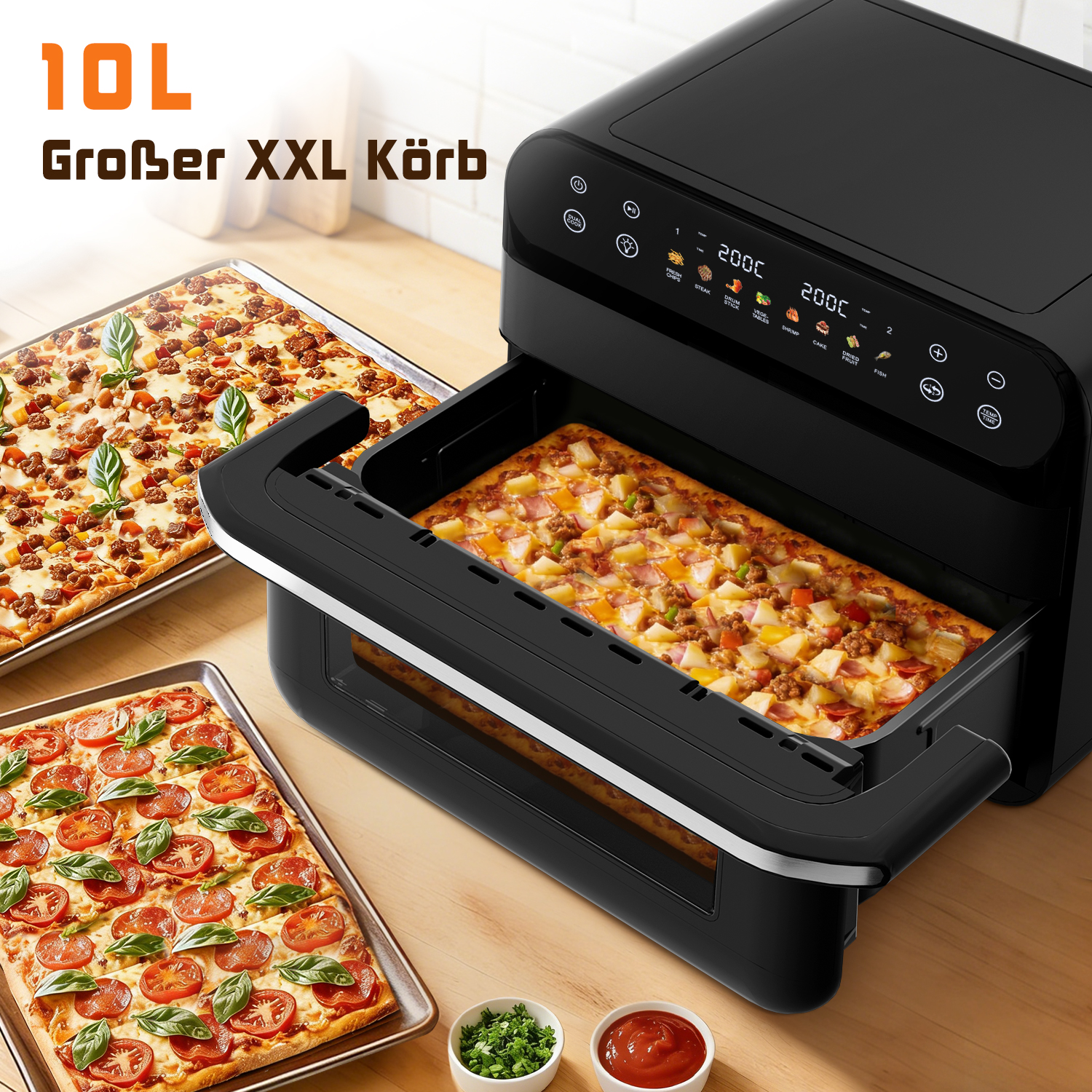 Ein großer schwarzer Heißluftfritteuse mit zwei Pizzen und zwei Soßen.
