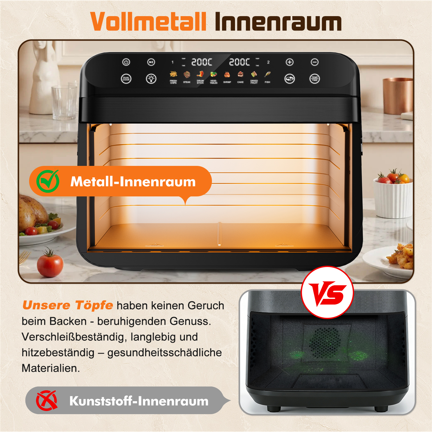 Ein moderner Airfryer mit Vollmetall-Innenraum und digitaler Anzeige. Daneben Essen und ein Vergleich.
