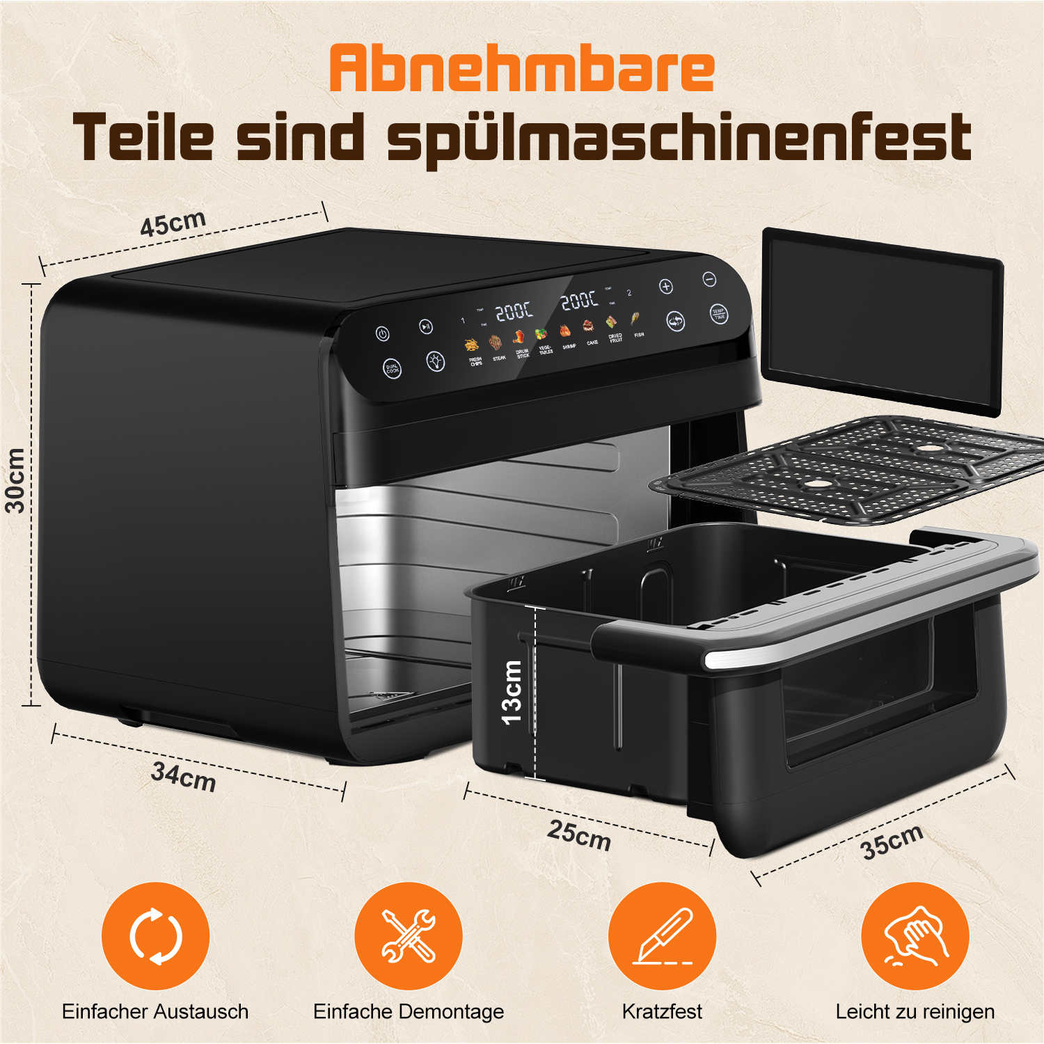 Ein schwarzer Airfryer mit abnehmbaren Teilen, Maße sind angegeben.