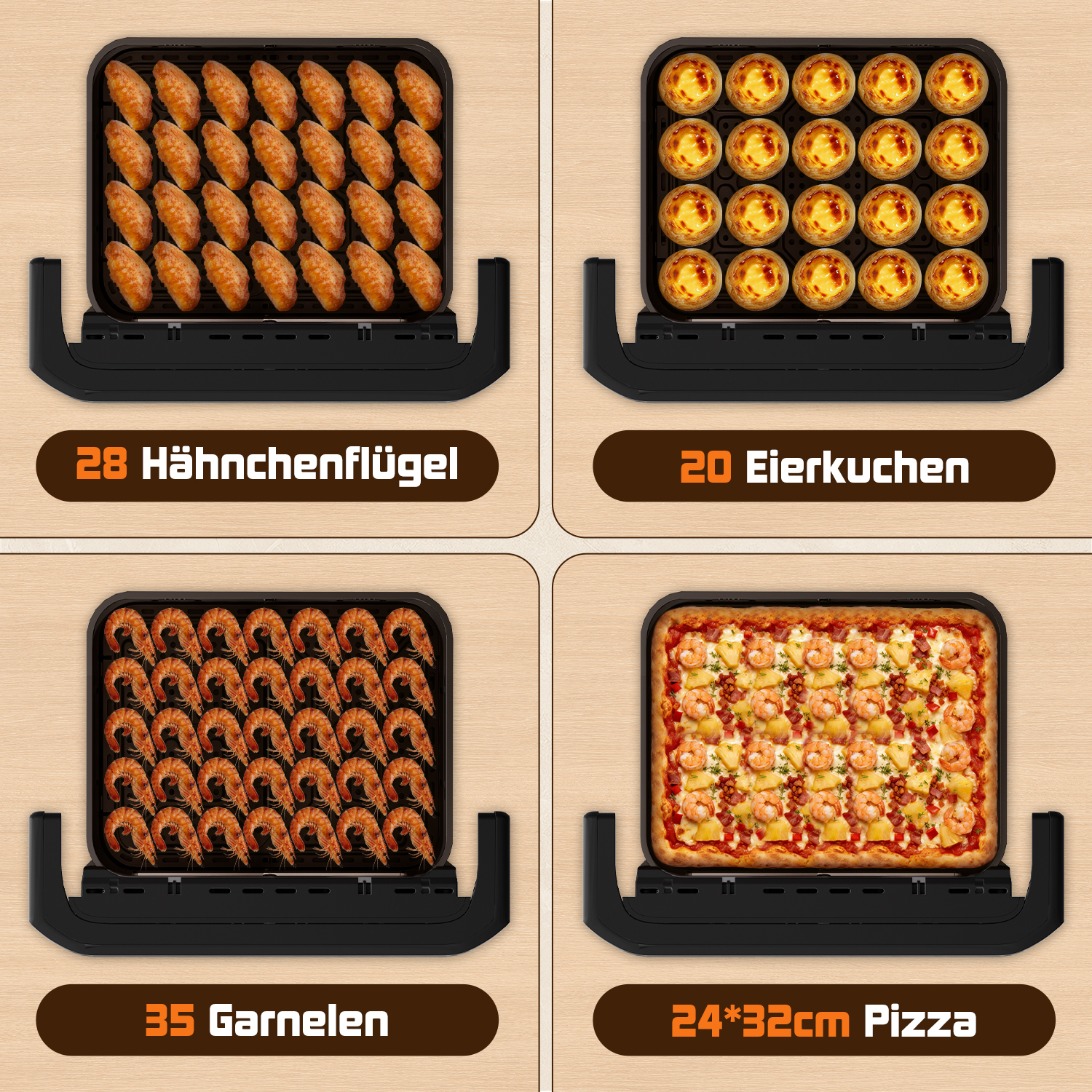 Vier Kochschalen: Hähnchenflügel, Eierkuchen, Garnelen und Pizza.