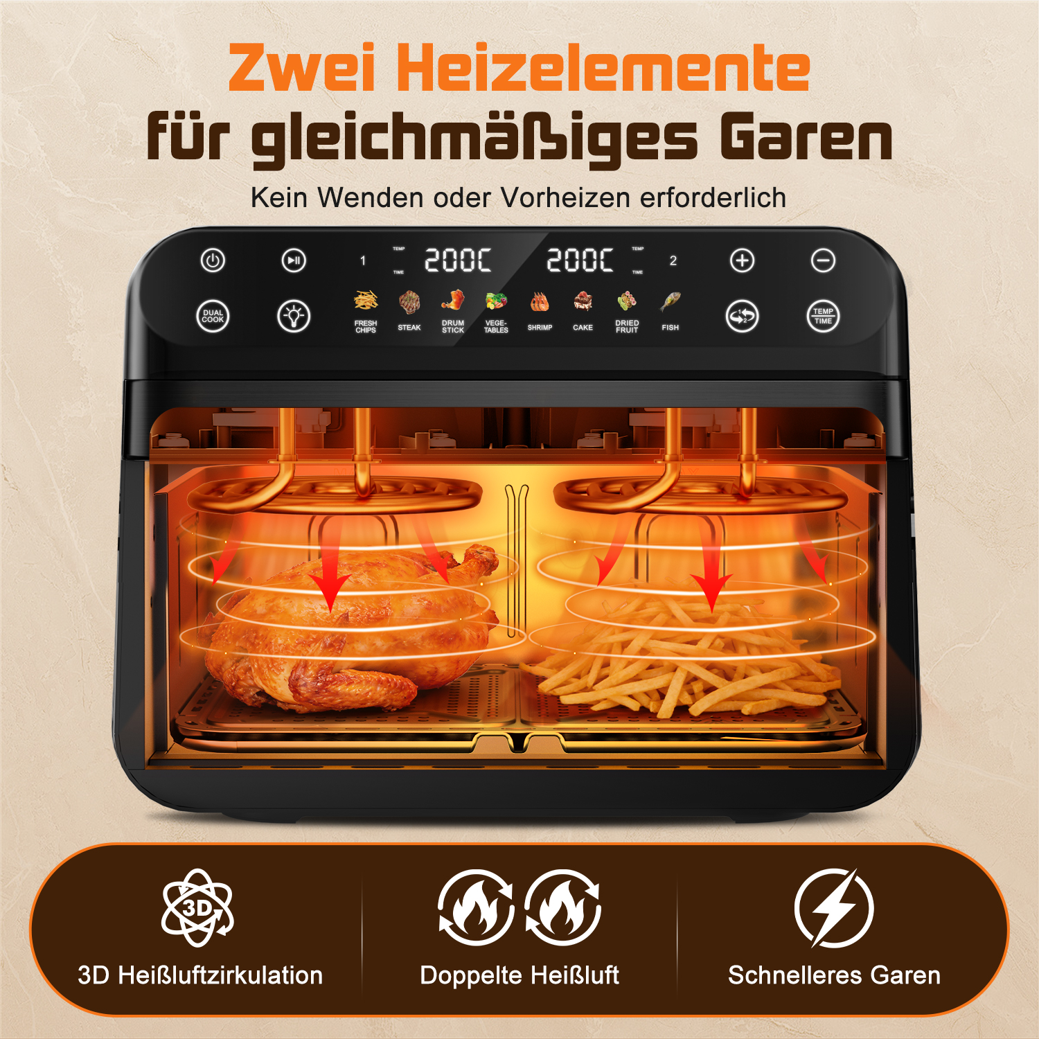 Heißluftfritteuse mit Brathähnchen und Pommes Frites bei 200°C.