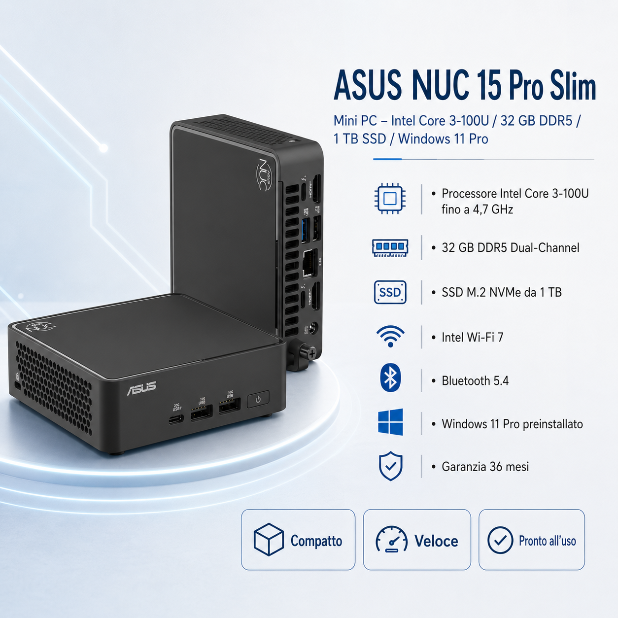 Mini PC ASUS NUC 15 Pro Slim con Intel Core i3, 32GB RAM, SSD 1TB, Win 11 Pro.