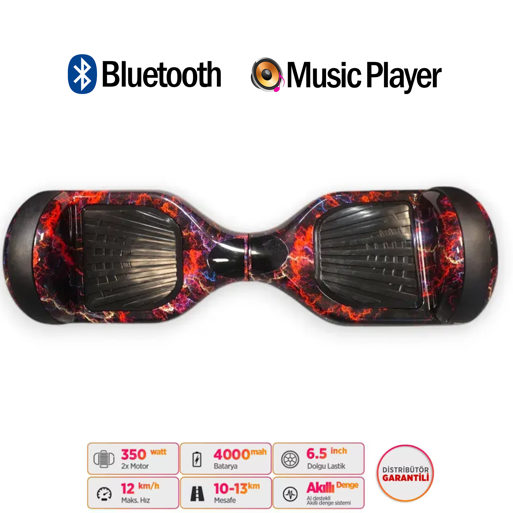 Kırmızı ve mavi şimşek desenli, Bluetooth ve müzik çalar simgeli hoverboard.