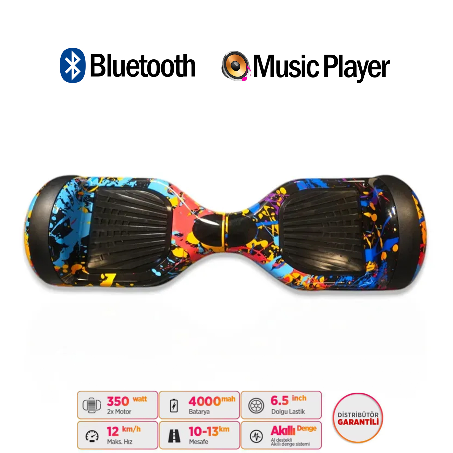 Bluetooth ve müzik çalar özellikli, rengarenk bir hoverboard.