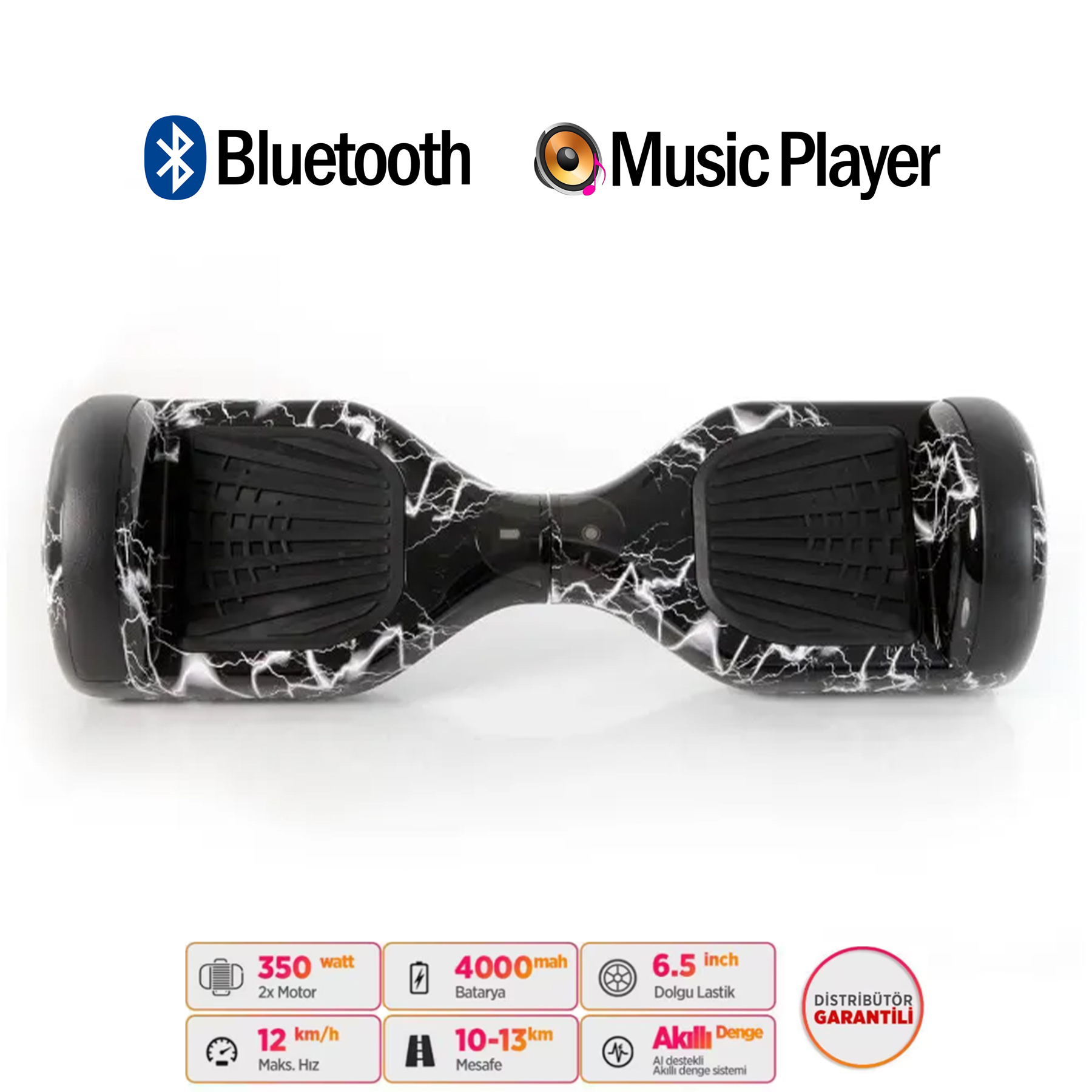 Beyaz şimşek desenli siyah hoverboard, Bluetooth ve müzik çalar.
