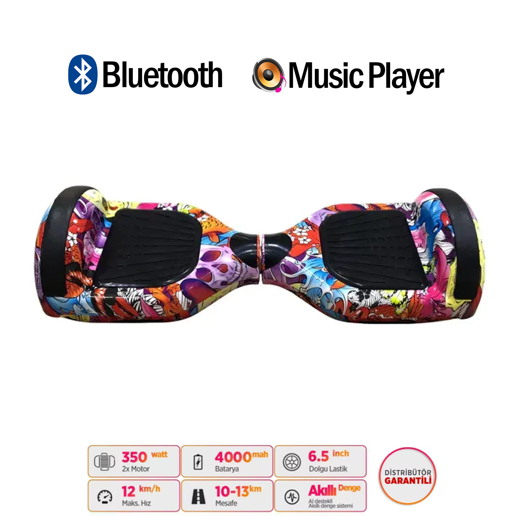 Bluetooth ve müzik çalar simgeleri ile renkli hoverboard ve teknik özellikler.