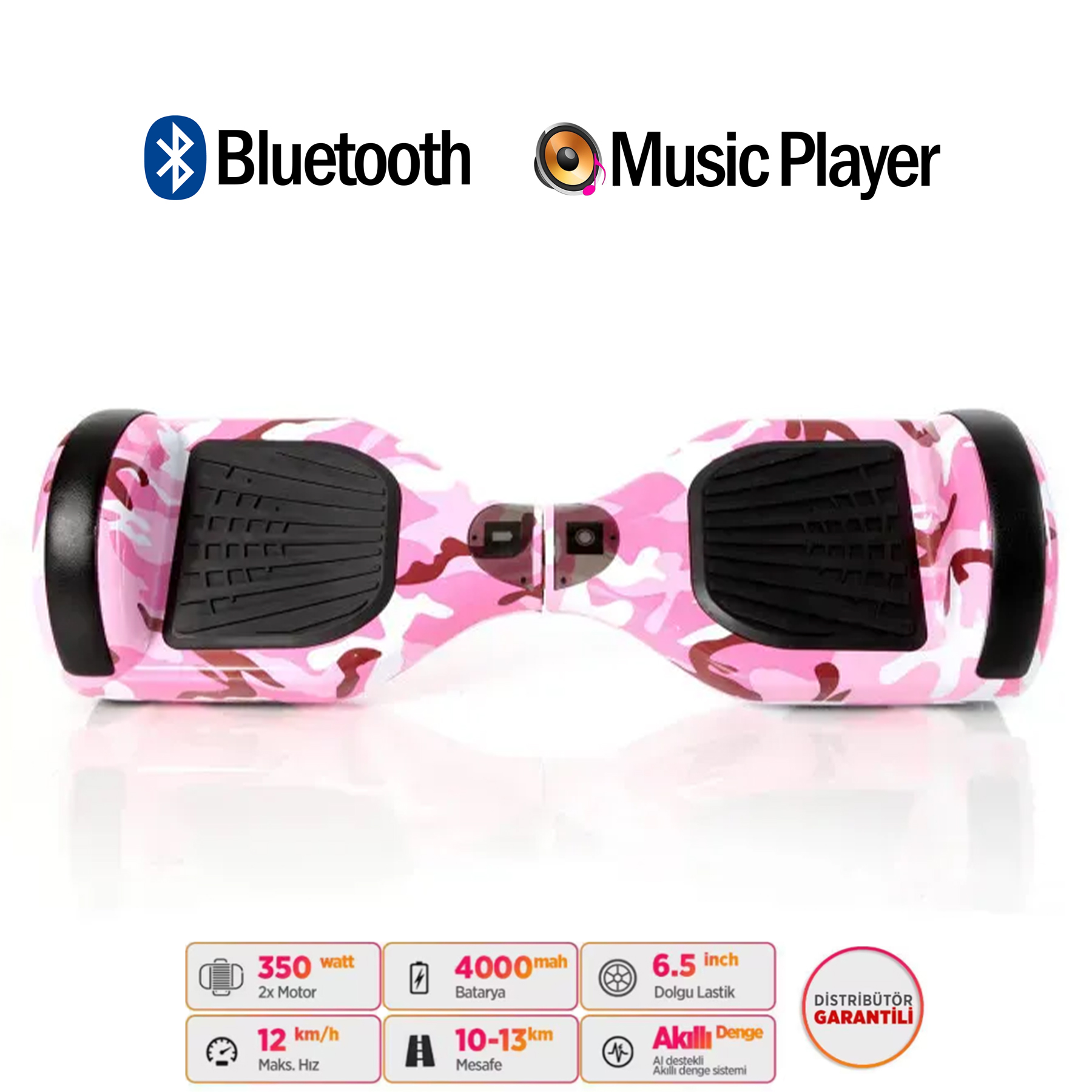 Bluetooth ve müzik çalarlı pembe kamuflaj hoverboard.