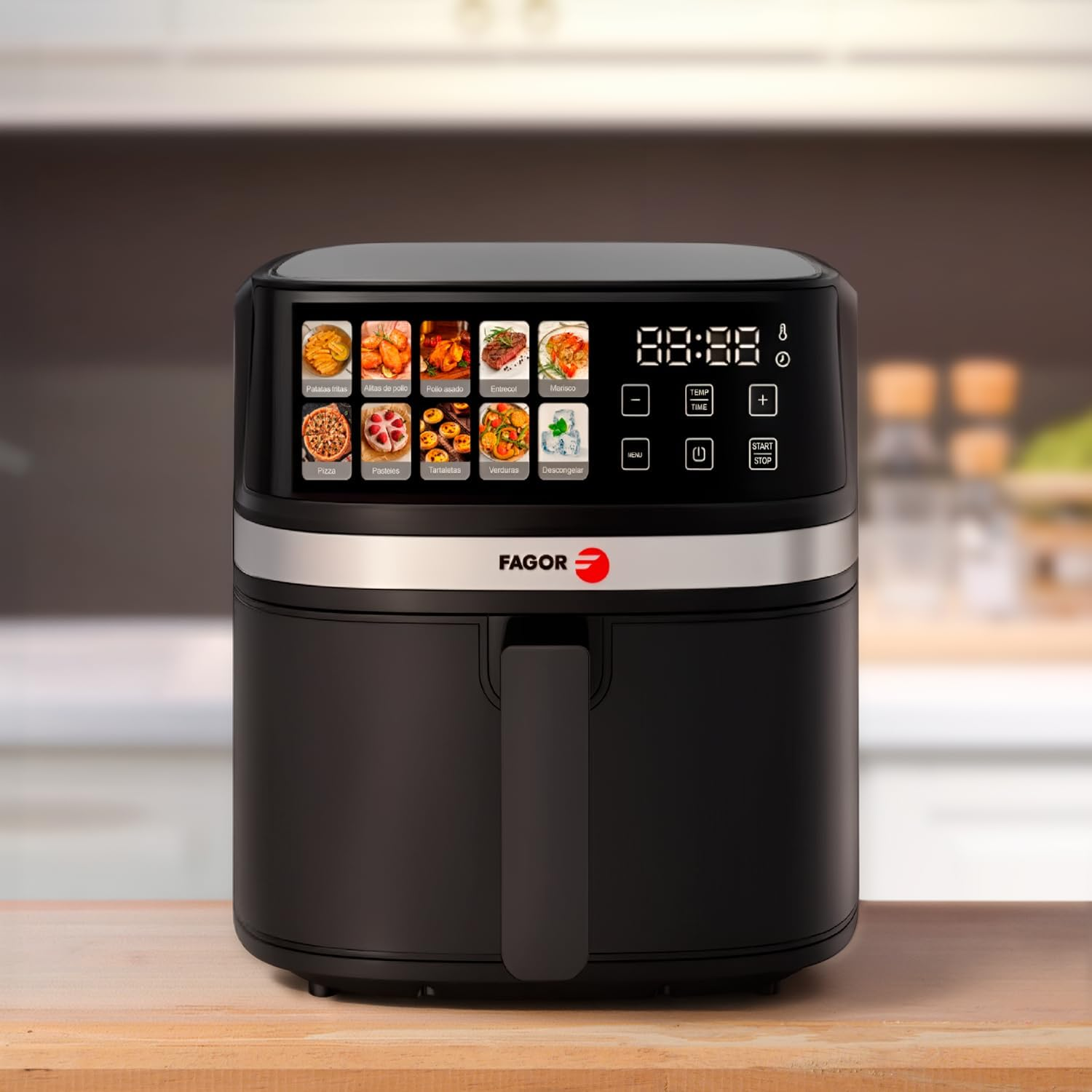 Friggitrice ad aria Fagor nera con menu touchscreen e display digitale.