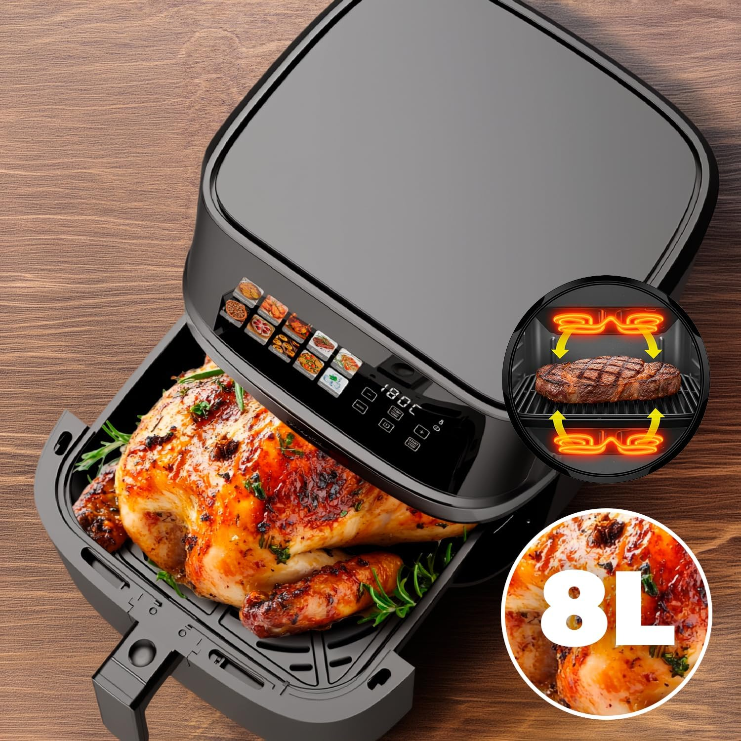 Una friggitrice ad aria aperta con pollo arrosto intero e illustrazione di bistecca.