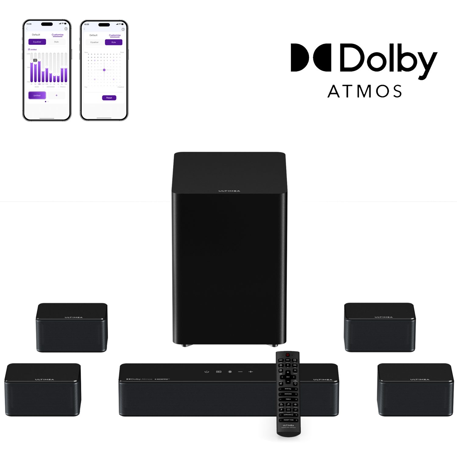 Sistema audio Dolby Atmos nero con subwoofer, soundbar, quattro altoparlanti e telecomando.