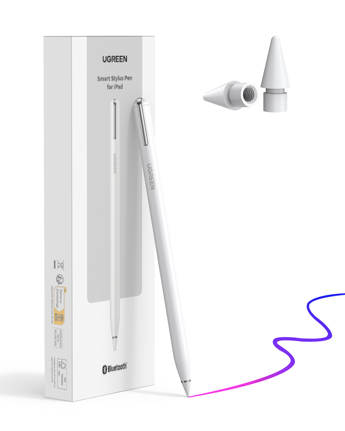 Kalem ve yedek uçlu beyaz UGREEN Akıllı Stylus kalem kutusu.