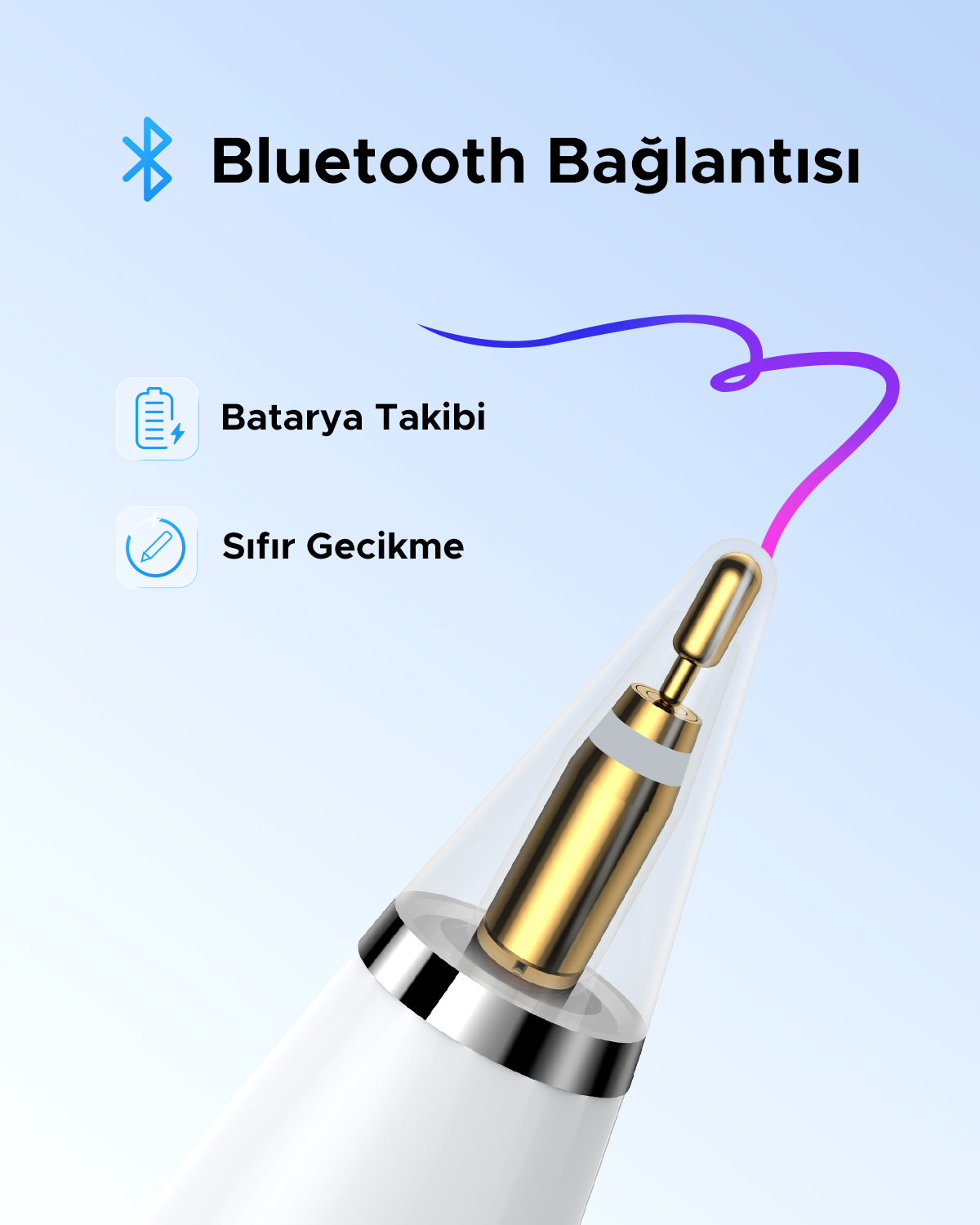 Bluetooth bağlantılı, pil takipli, sıfır gecikmeli bir stylus kalem.