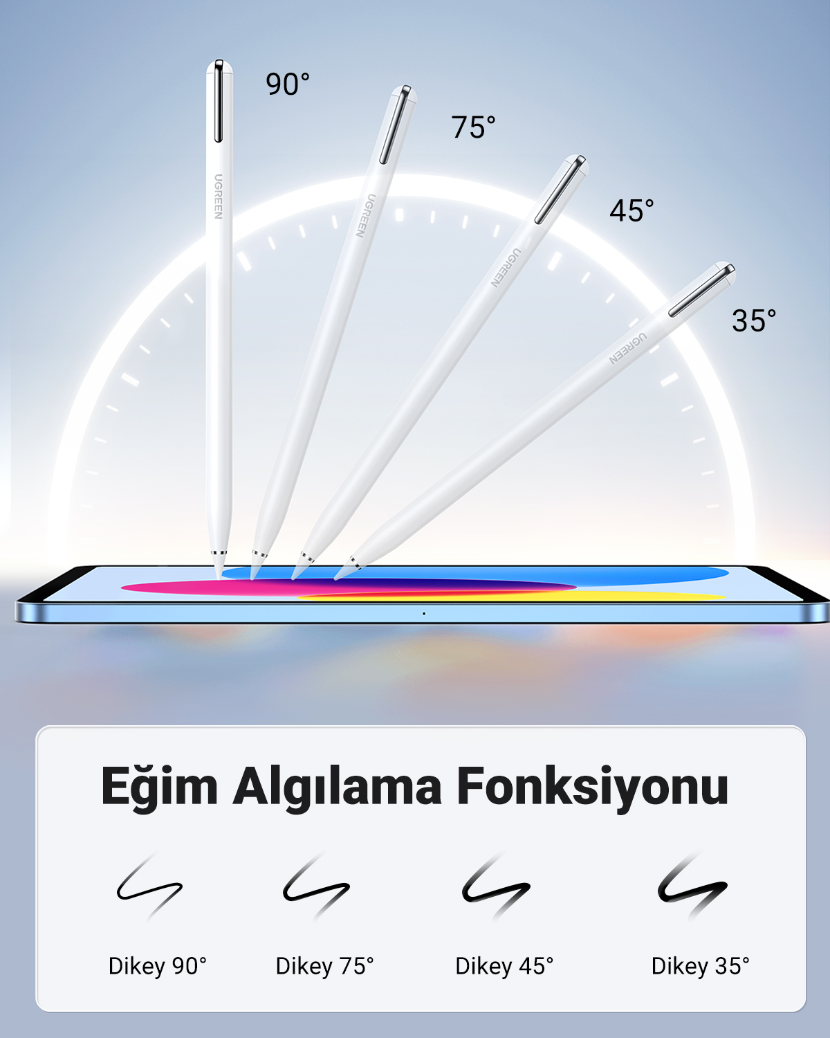 Tablet üzerinde çeşitli açılarda stylus kalemler: 90°, 75°, 45°, 35°.