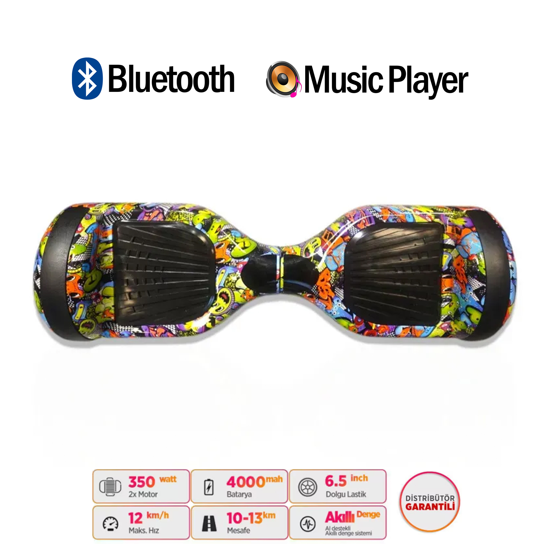 Bluetooth ve müzik çalarlı renkli hoverboard. 350 watt, 12 km/s.